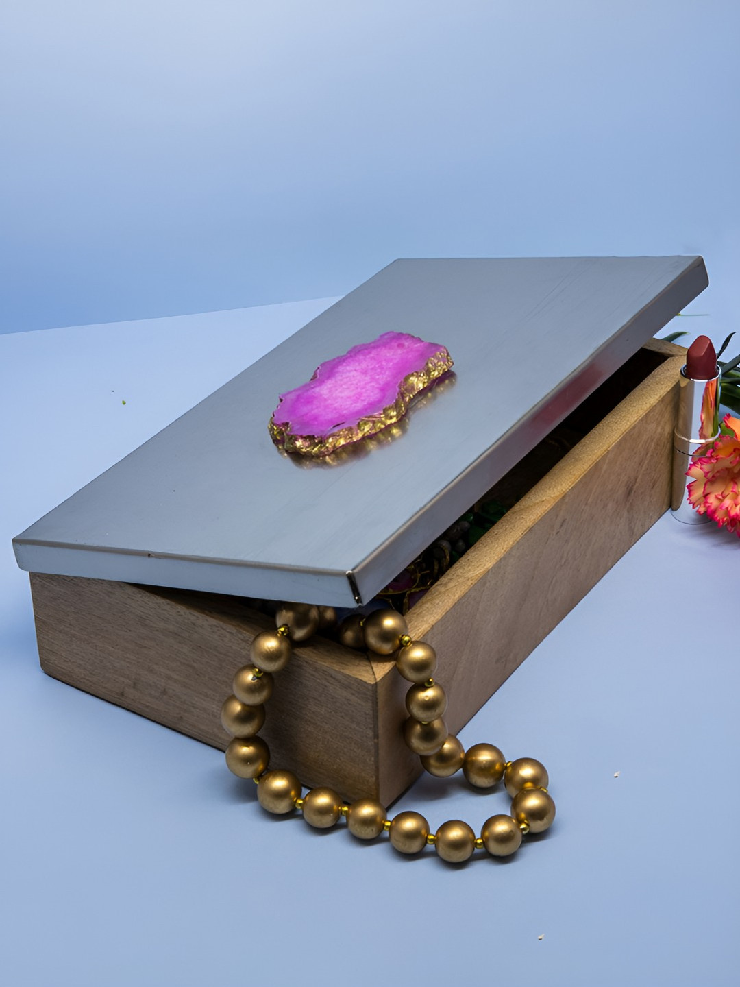 Manor House Silver Toned Metal and Wood Decorative Box with Agate Top