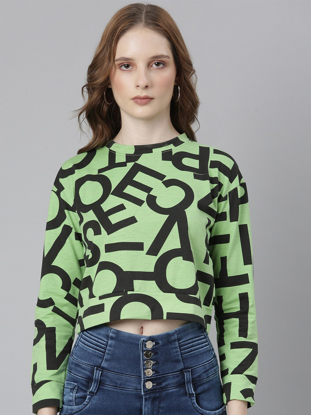 SHOWOFFFF Typography Printed Drop-Shoulder Sleeves Boxy Crop T-Shirt