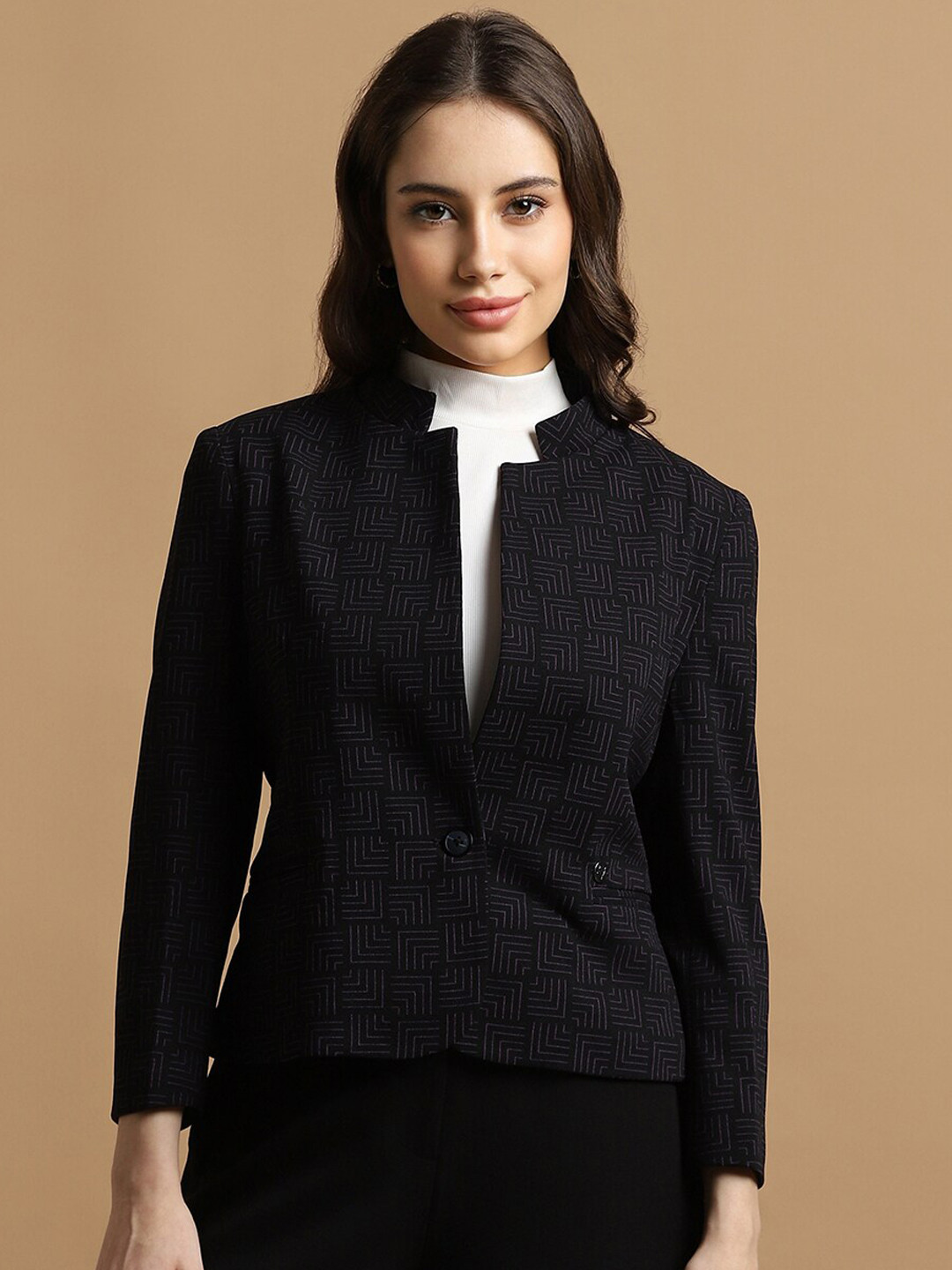 Allen Solly Woman Printed Mandarin Collar Long Sleeves Single-Breasted Blazer