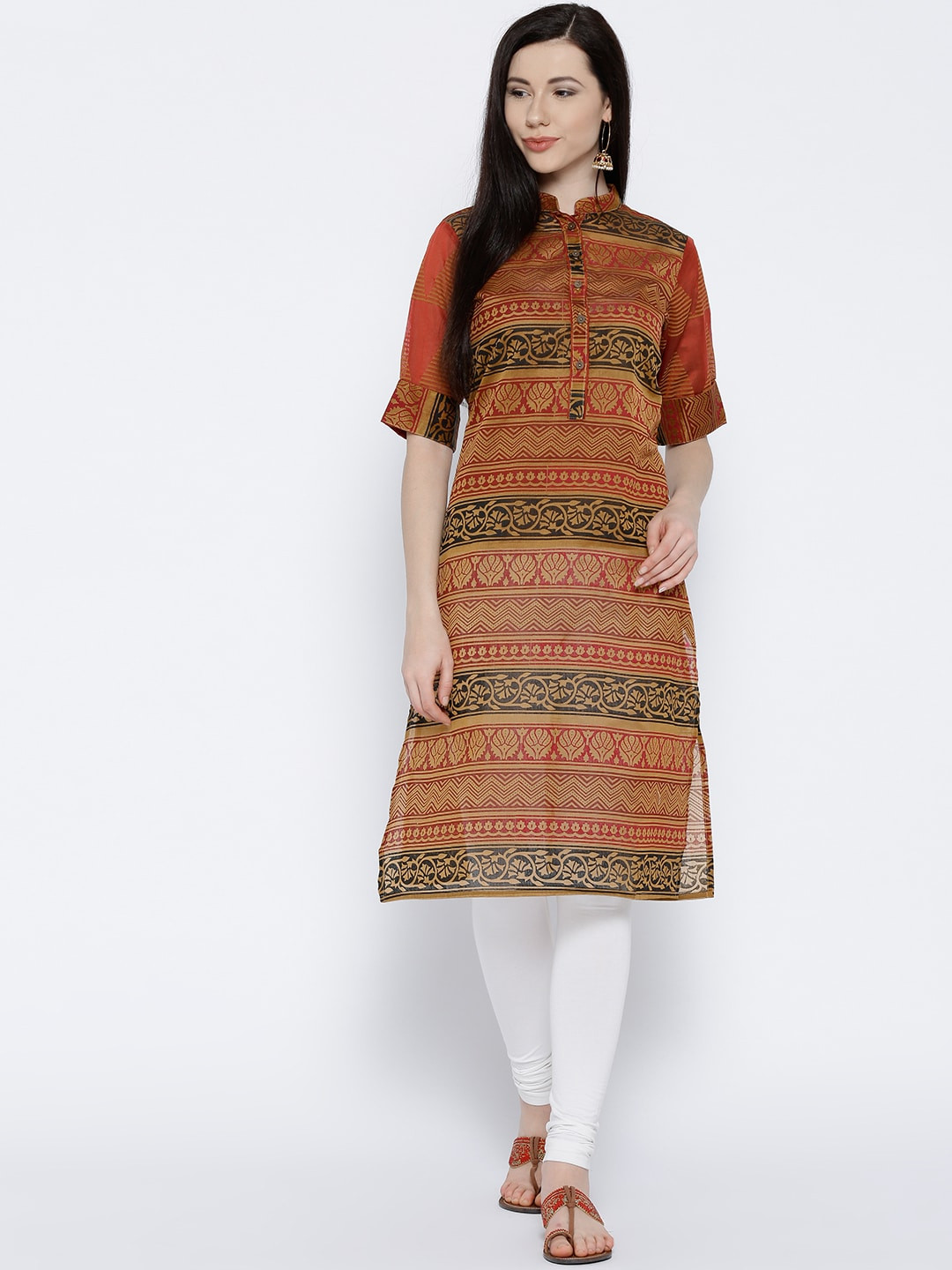 Jashn Women Mustard Yellow & Maroon Printed Straight Kurta