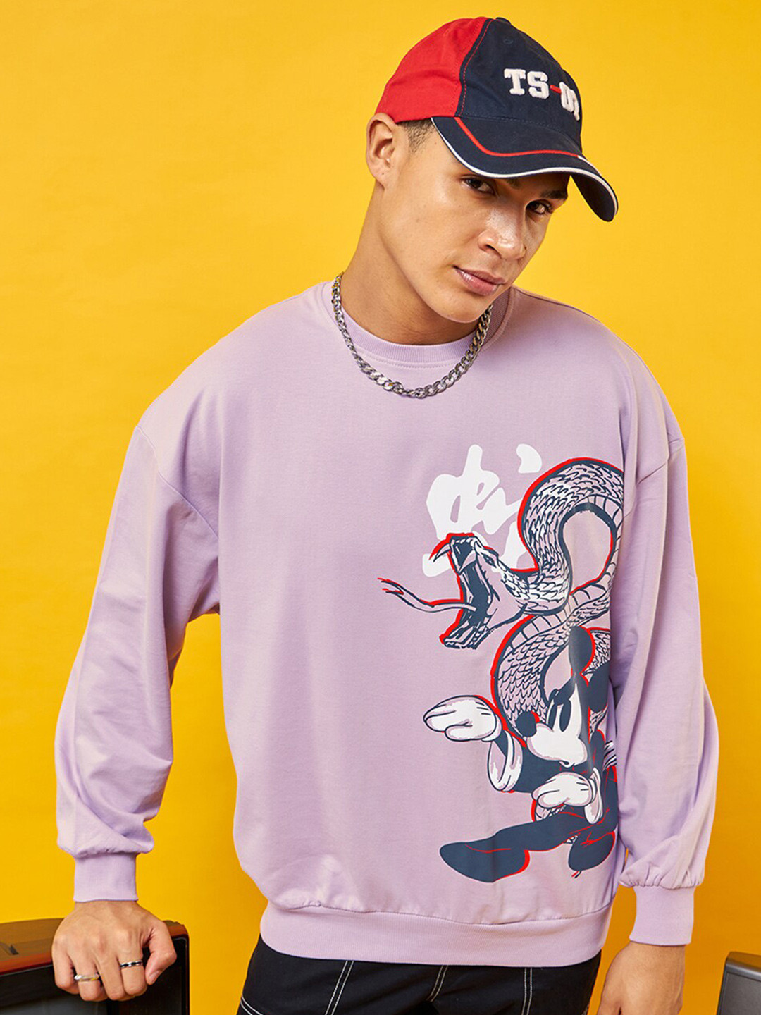 Bewakoof Lavender Mickey Mouse Printed Round Neck Fleece Oversized Pullover Sweatshirt