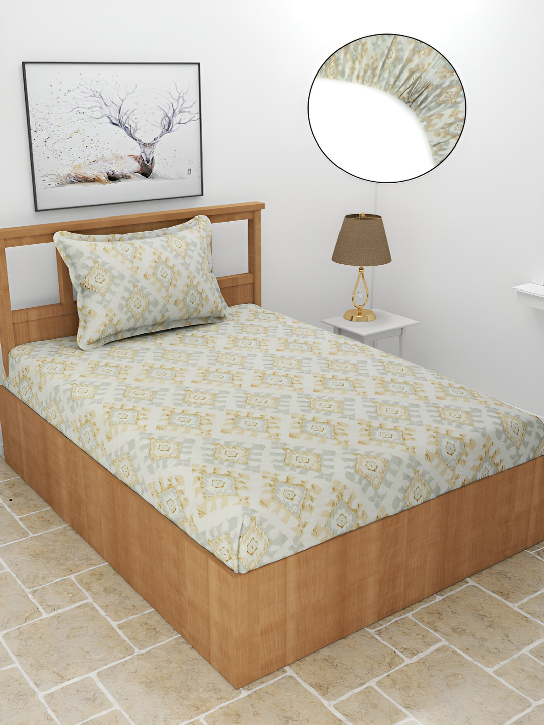 BREVARD Maple Beige Ethnic Motifs Polycotton 210 TC Fitted Single Fine Bedsheet with a Pillow Cover-182 x 91 x 200 cm