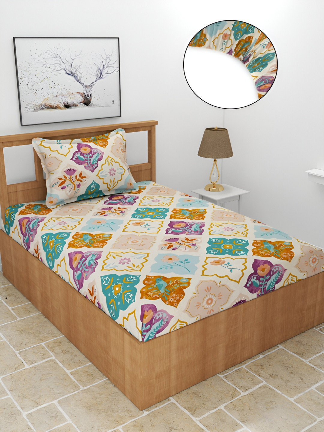 BREVARD Fitted_Maple Beige Ethnic Motifs Polycotton 210 TC Fitted Single Fine Bedsheet with a Pillow Cover-182 x 91 x 20 cm