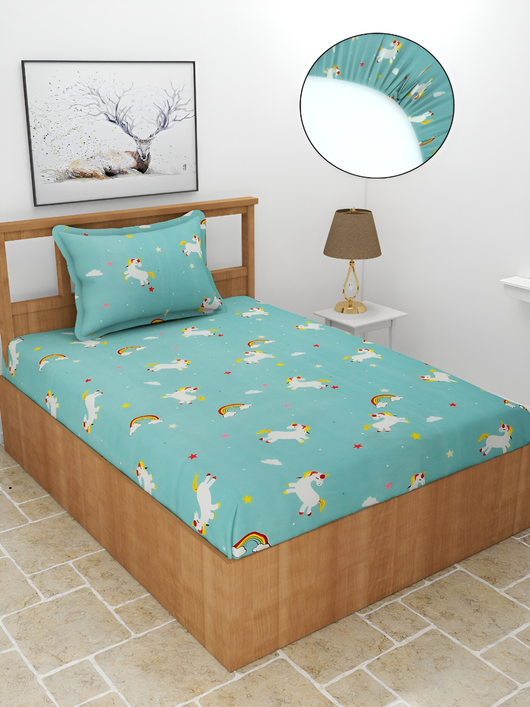 BREVARD Kidzania Blue Cartoon Characters Polycotton 210 TC Fitted Single Fine Bedsheet with a Pillow Cover-182 x 91 cm