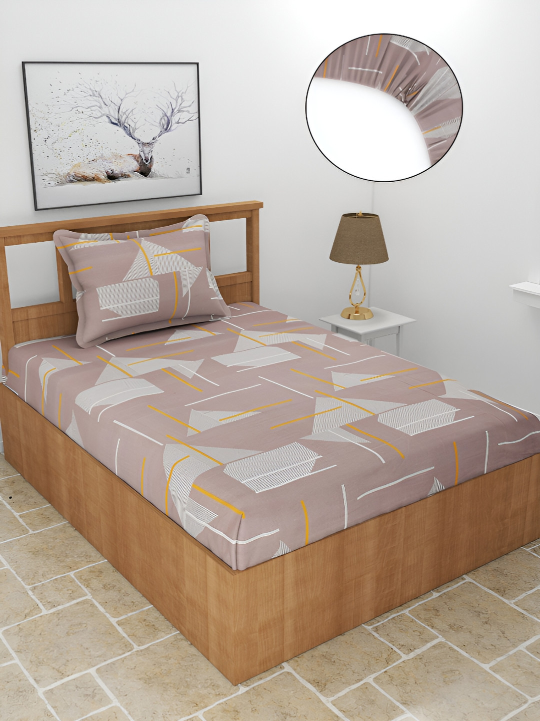 BREVARD Brown Abstract Polycotton Skin-Friendly 210 TC Fitted Single Superfine Bedsheet with a Pillow Cover-72 x 36 inches