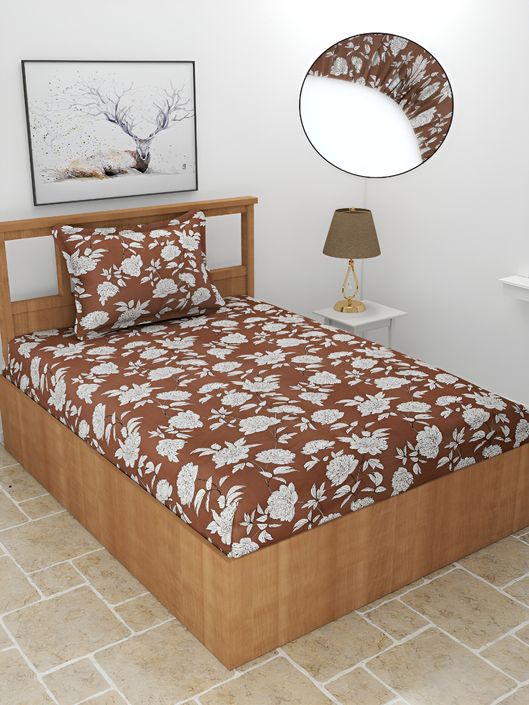 BREVARD Coffee Brown Floral Polycotton Skin-Friendly 210 TC Fitted Single Superfine Bedsheet with a Pillow Cover-72 x 36 inches