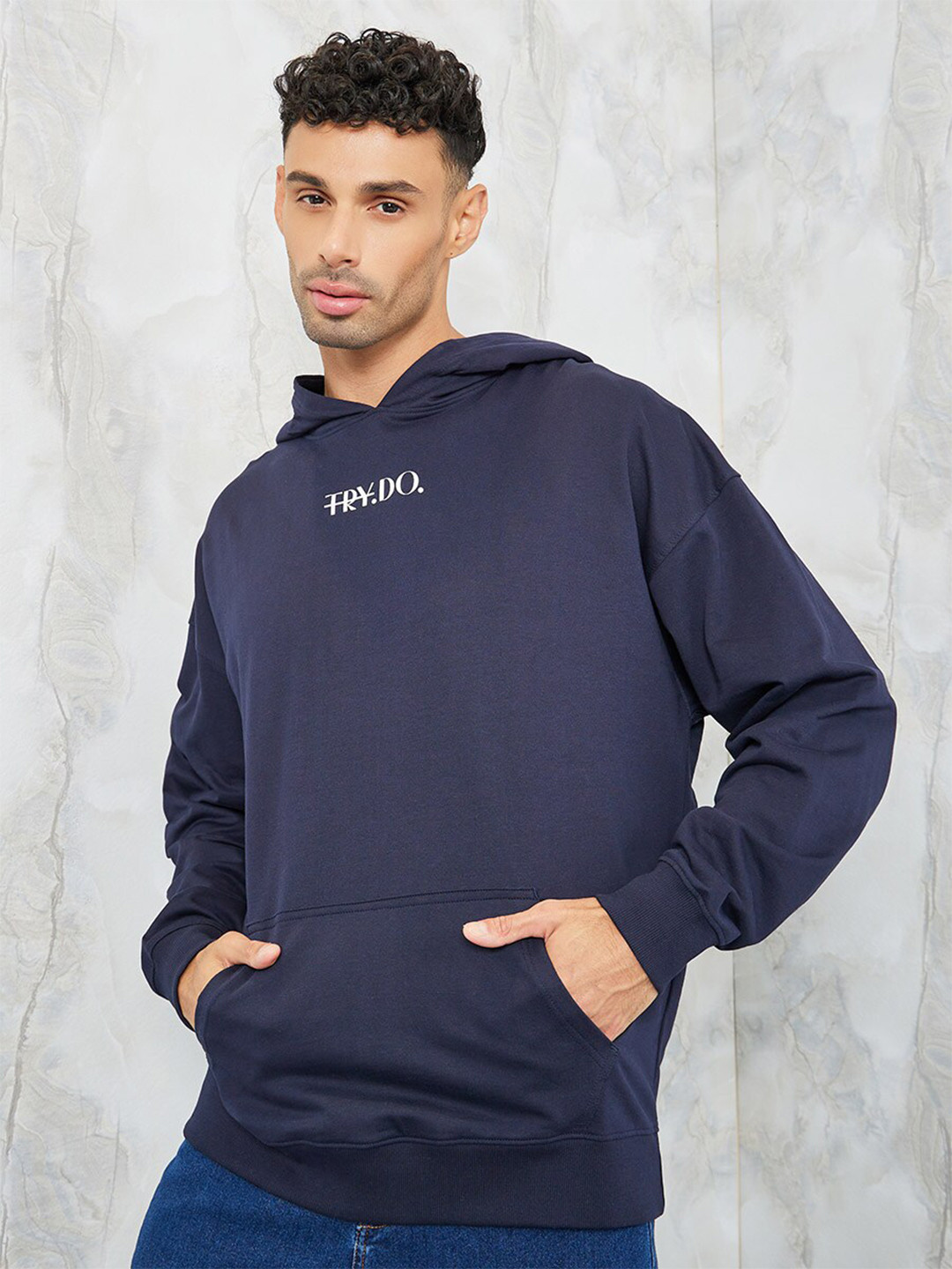 Styli Navy Blue Minimal HD Print Oversized Terry Hoodie