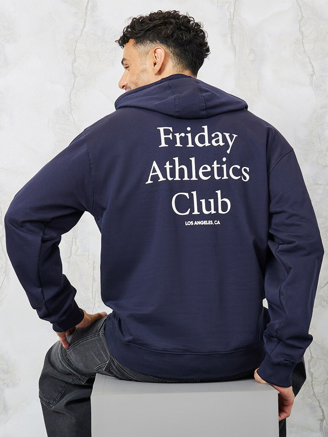 Styli Navy Blue Varsity Print Relaxed Fit Fleece Hoodie