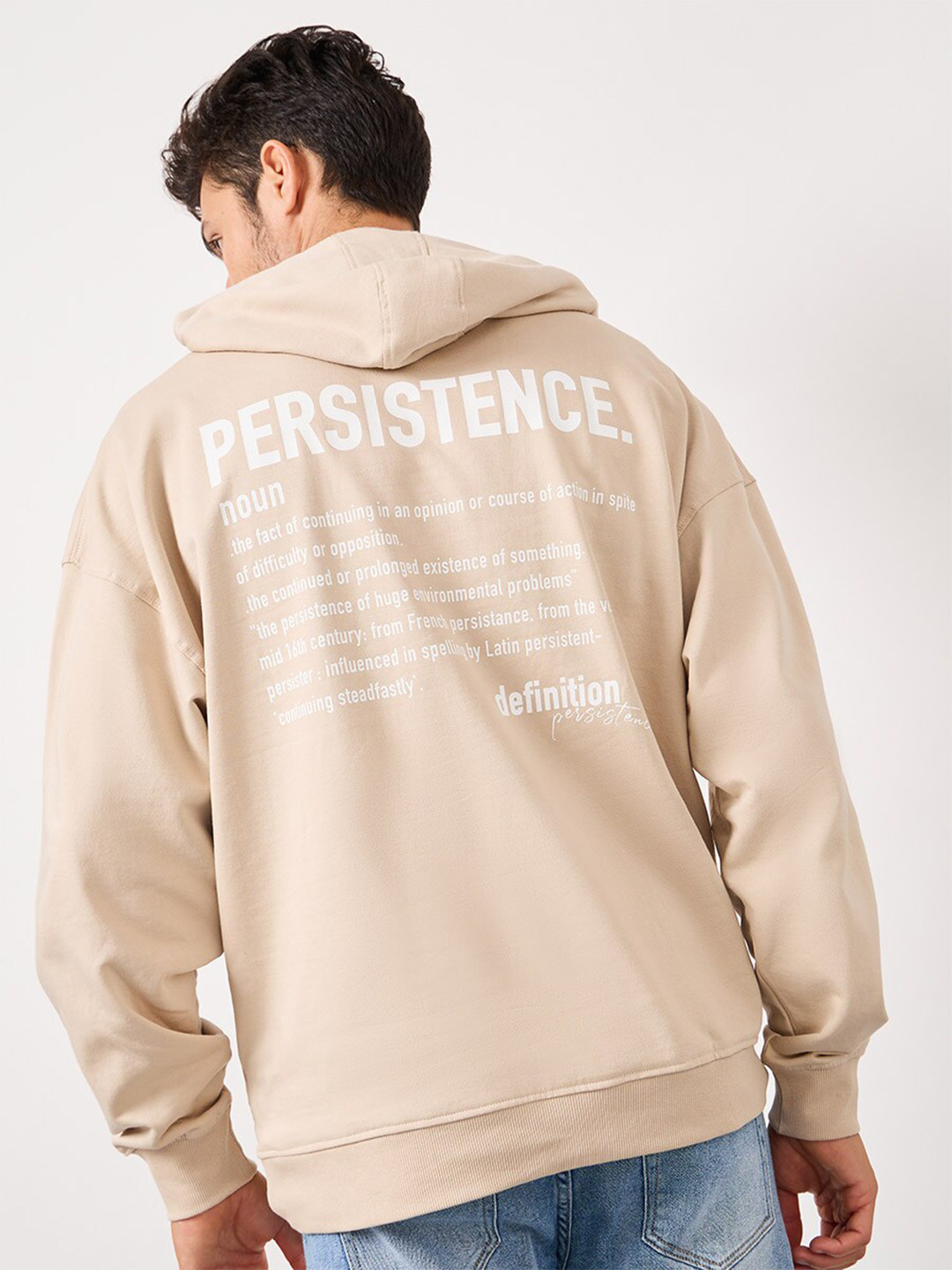 Styli Beige Back Slogan Print Fleece Oversized Hoodie