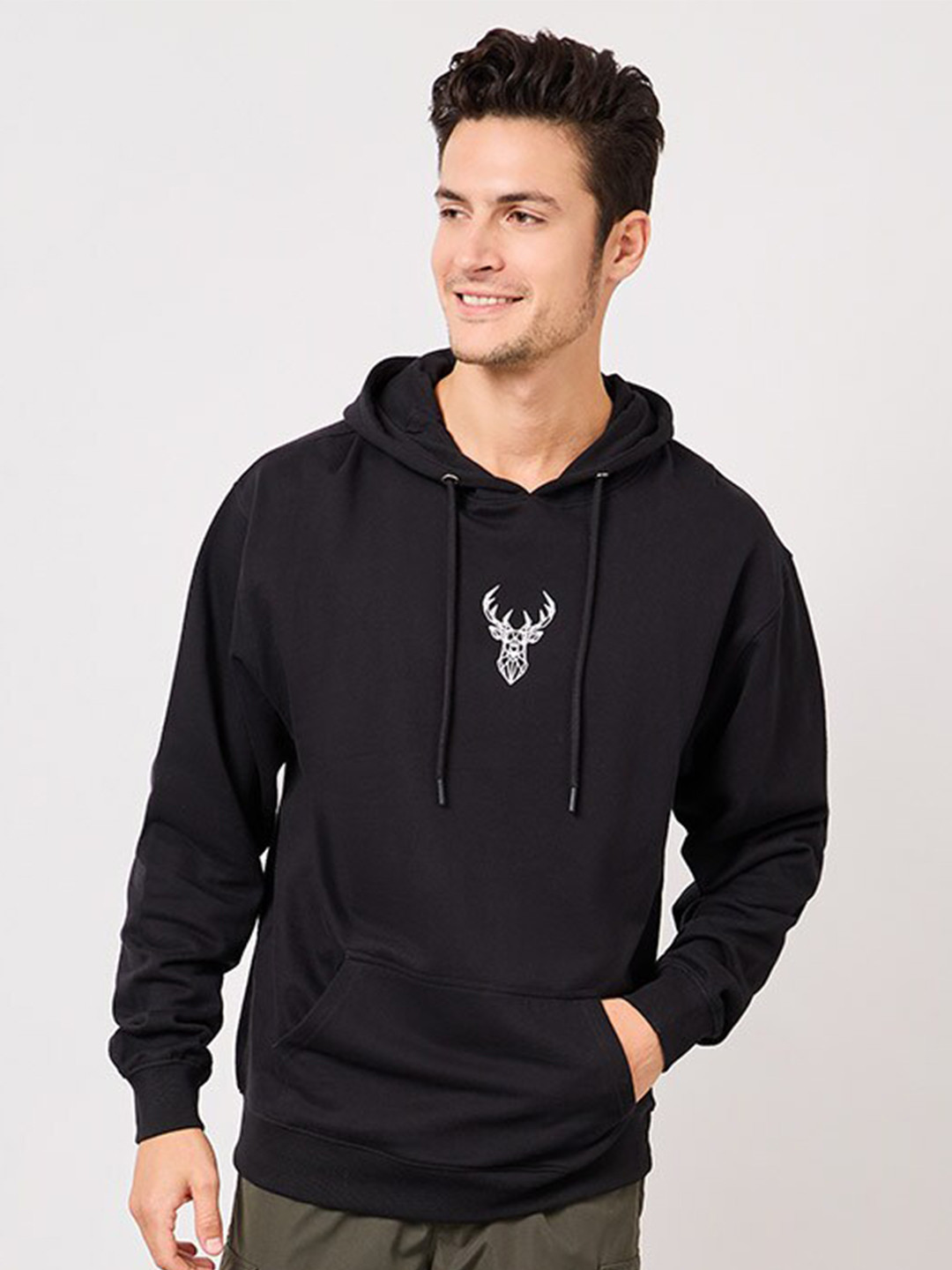 Styli Black Minimal HD Print Fleece Relaxed Fit Hoodie