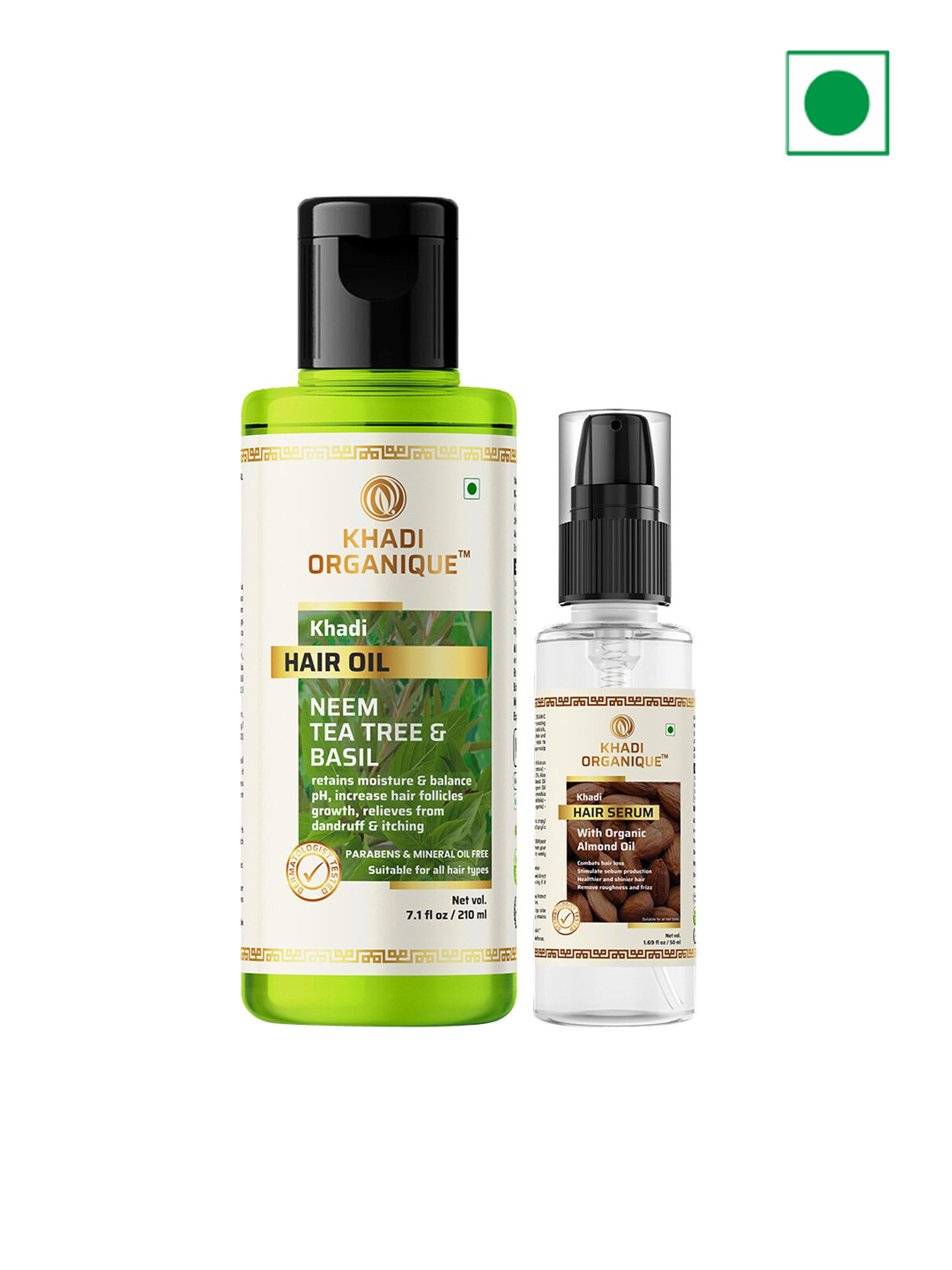 Khadi Organique 2Pcs Neem Tea Tree & Basil Hair Oil - 210ml & Hair Serum - 50ml Combo