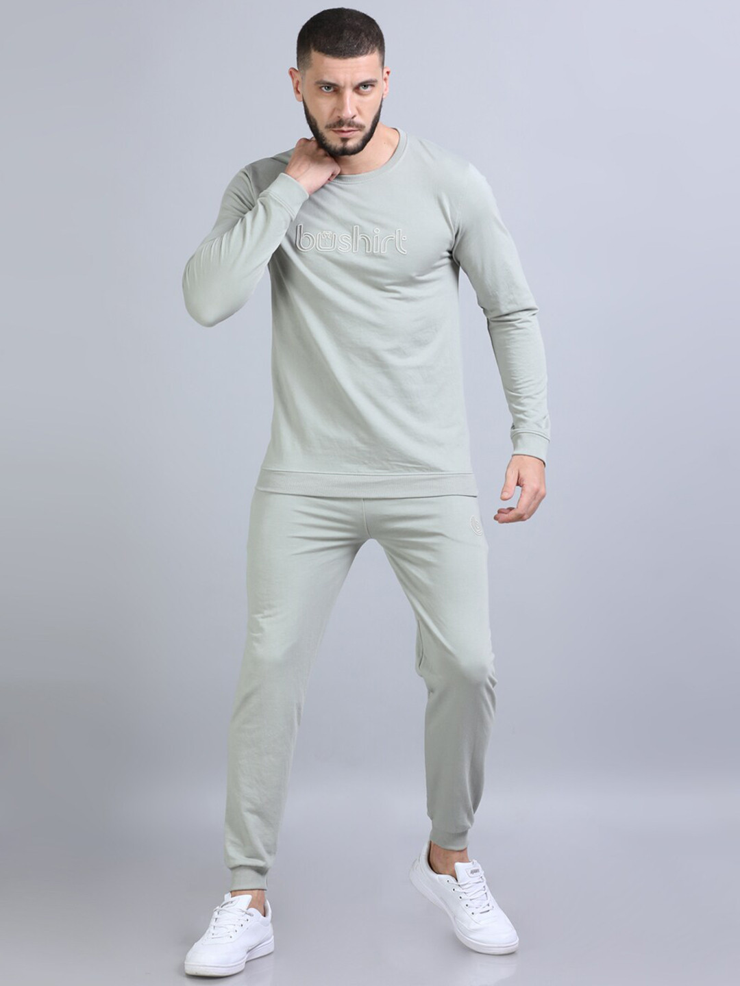 Bushirt Grey Embroidered Pure Cotton Sweatshirt With Joggers Co-Ord Set