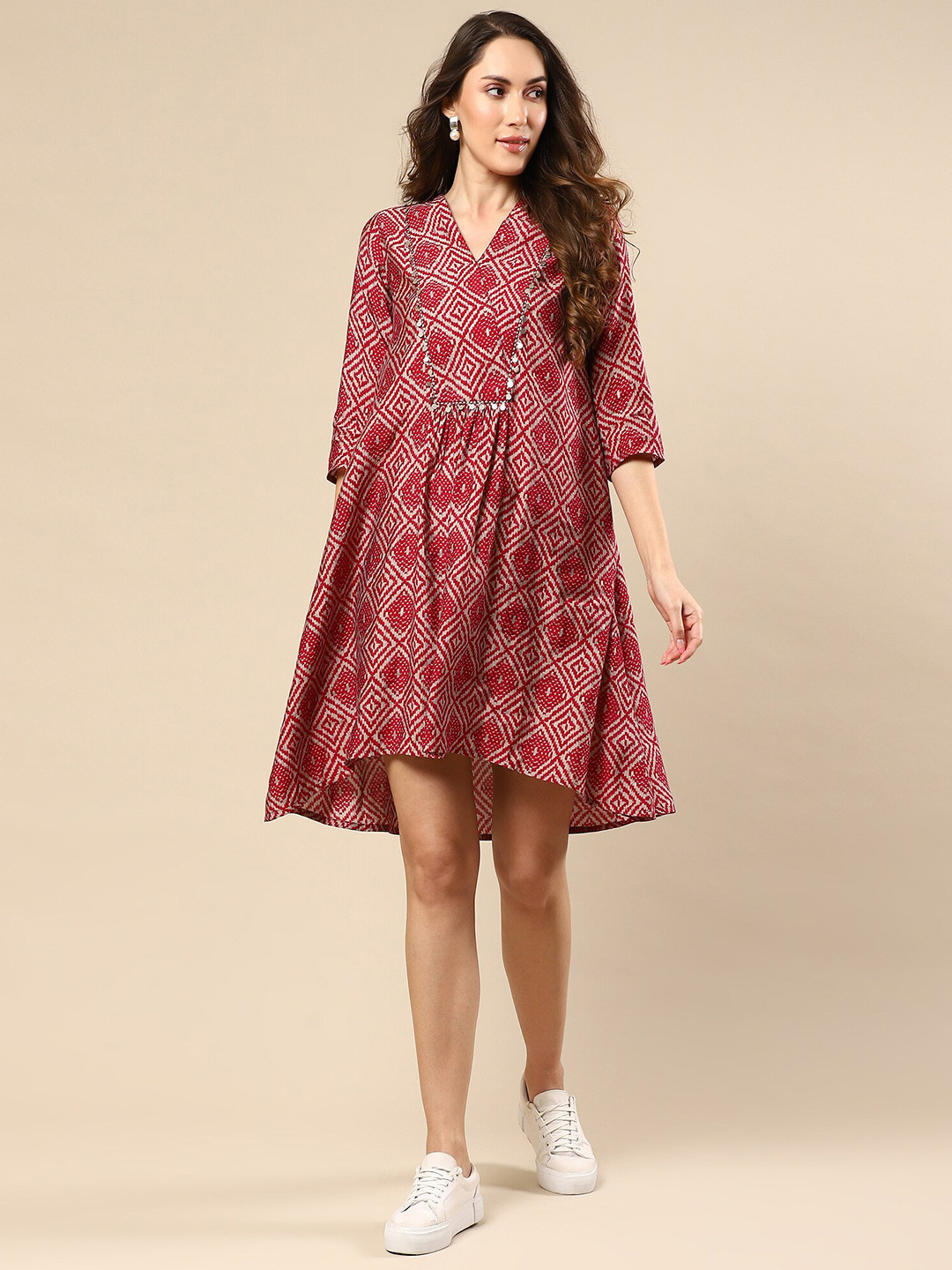 NH KAPDEWALA Geometric Printed V-Neck A-Line Dress