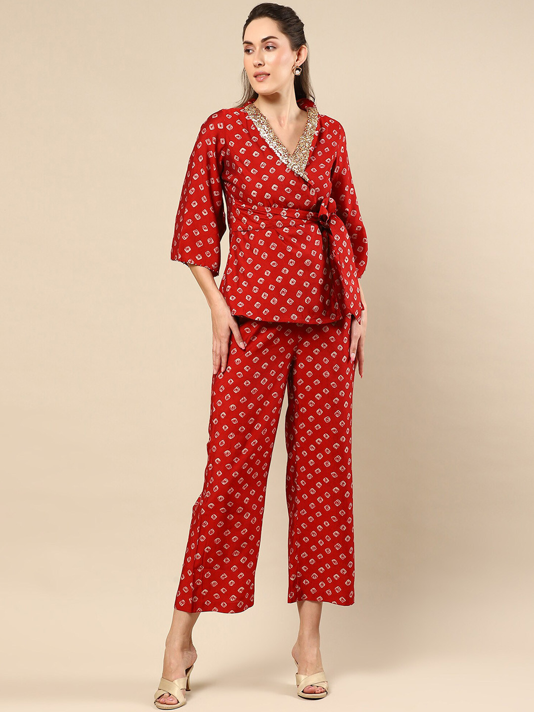 NH KAPDEWALA Printed Sequinned V-Neck Tunic With Trousers