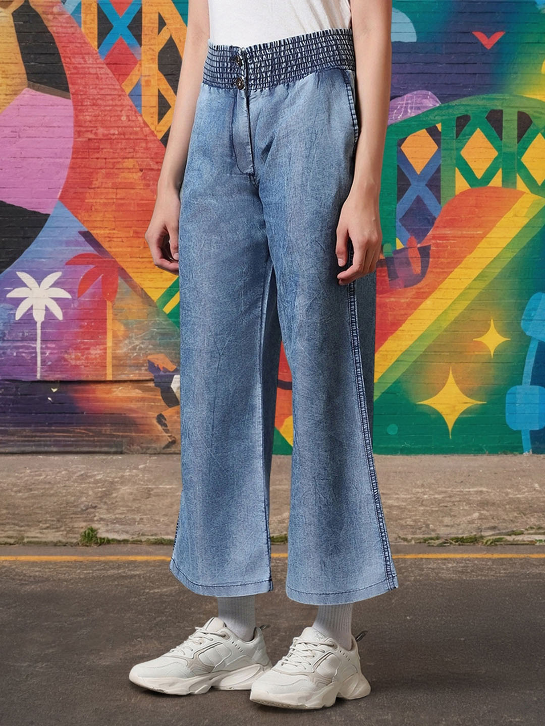 Bewakoof Women Relaxed Straight Leg Acid Wash Cotton Bootcut Trousers