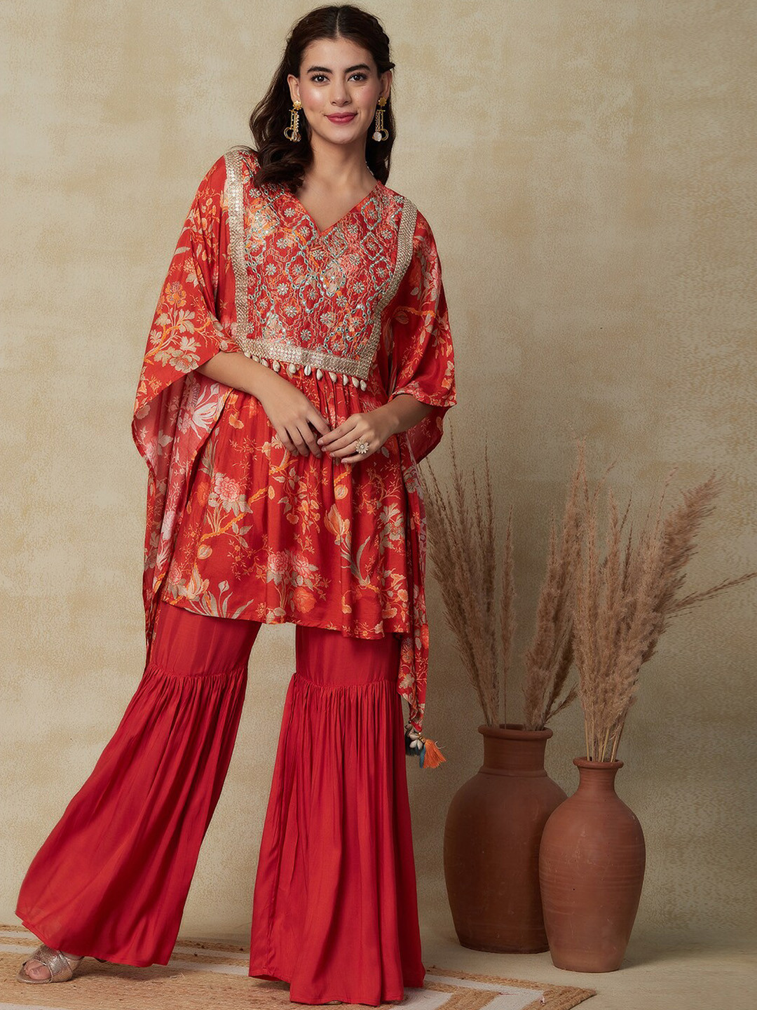 FASHOR Rust Orange Floral Printed Pleated Sequinned Kaftan Kurta with Sharara