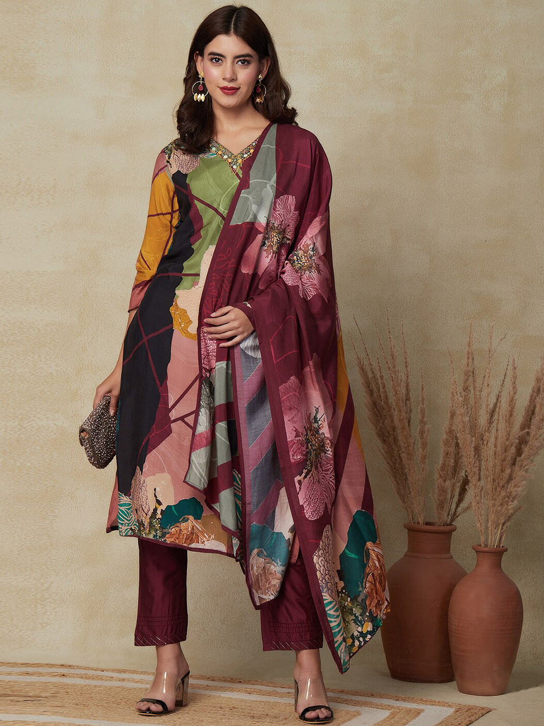 FASHOR Burgundy Abstract Printed Mirror Work Kurta With Trousers & Dupatta