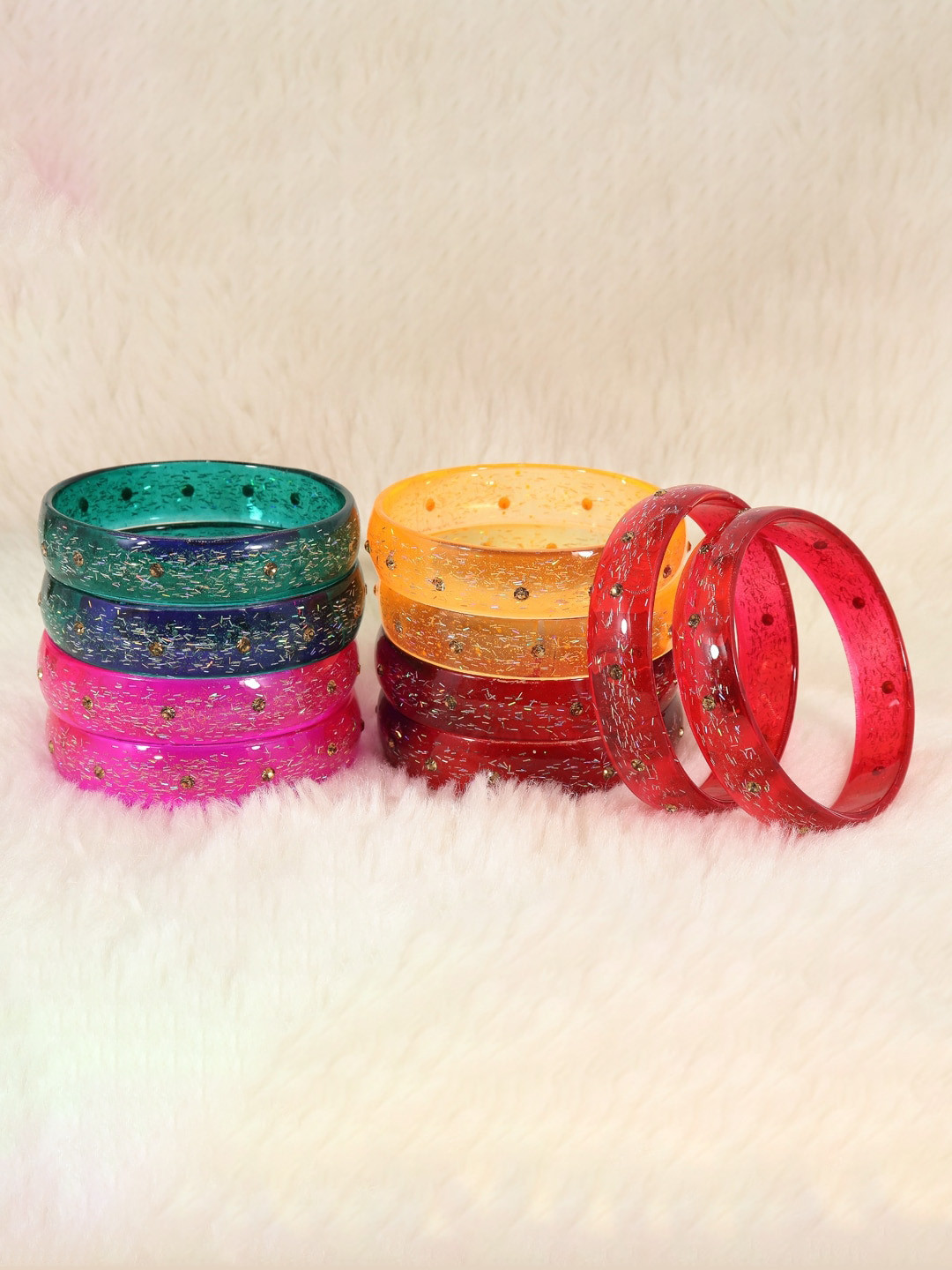 NMII Set Of 10 Glitter & Feather Glass Bangles