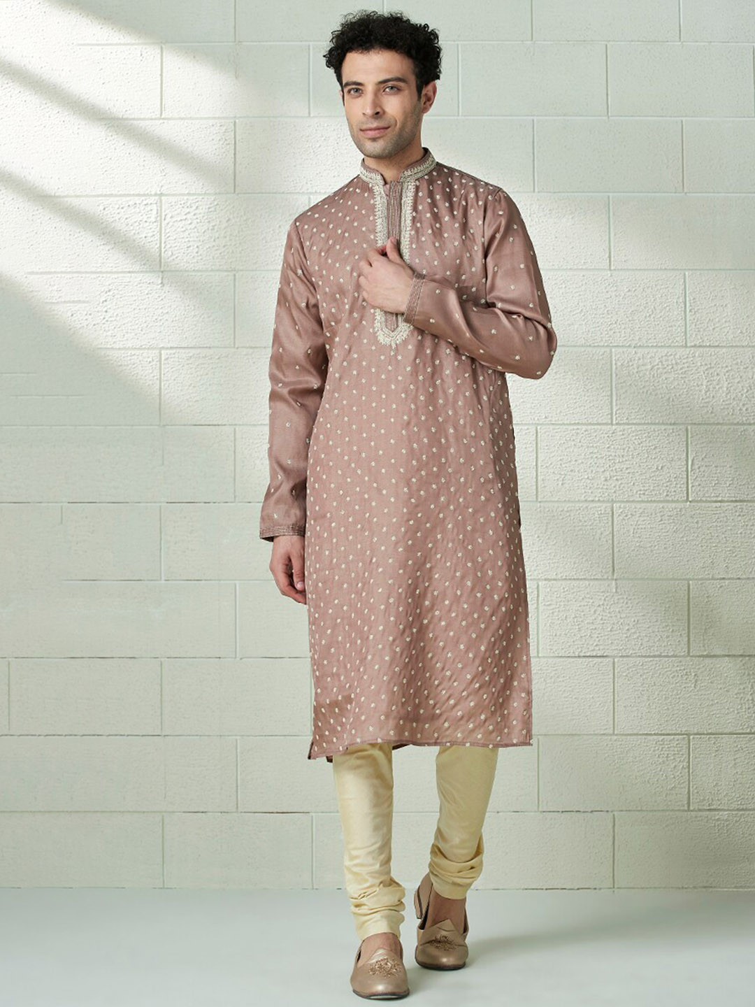 Twamev Floral Embroidered Mandarin Collar Long Sleeve Regular Kurta With Pyjama