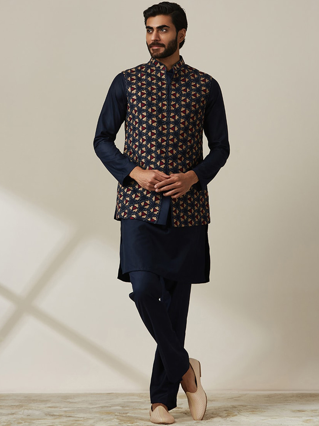 Twamev Navy Blue Long Sleeves Kurta with Trousers And Nehru jacket