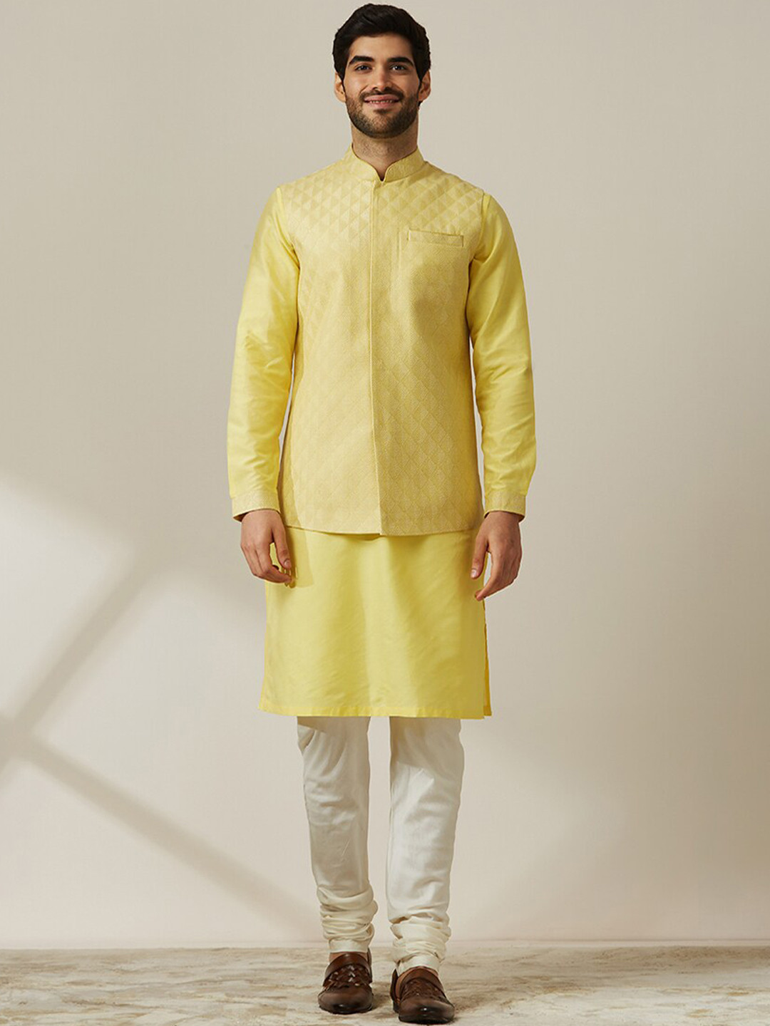Twamev Mandarin Collar Long Sleeves Regular Kurta with Churidar & Nehru Jacket