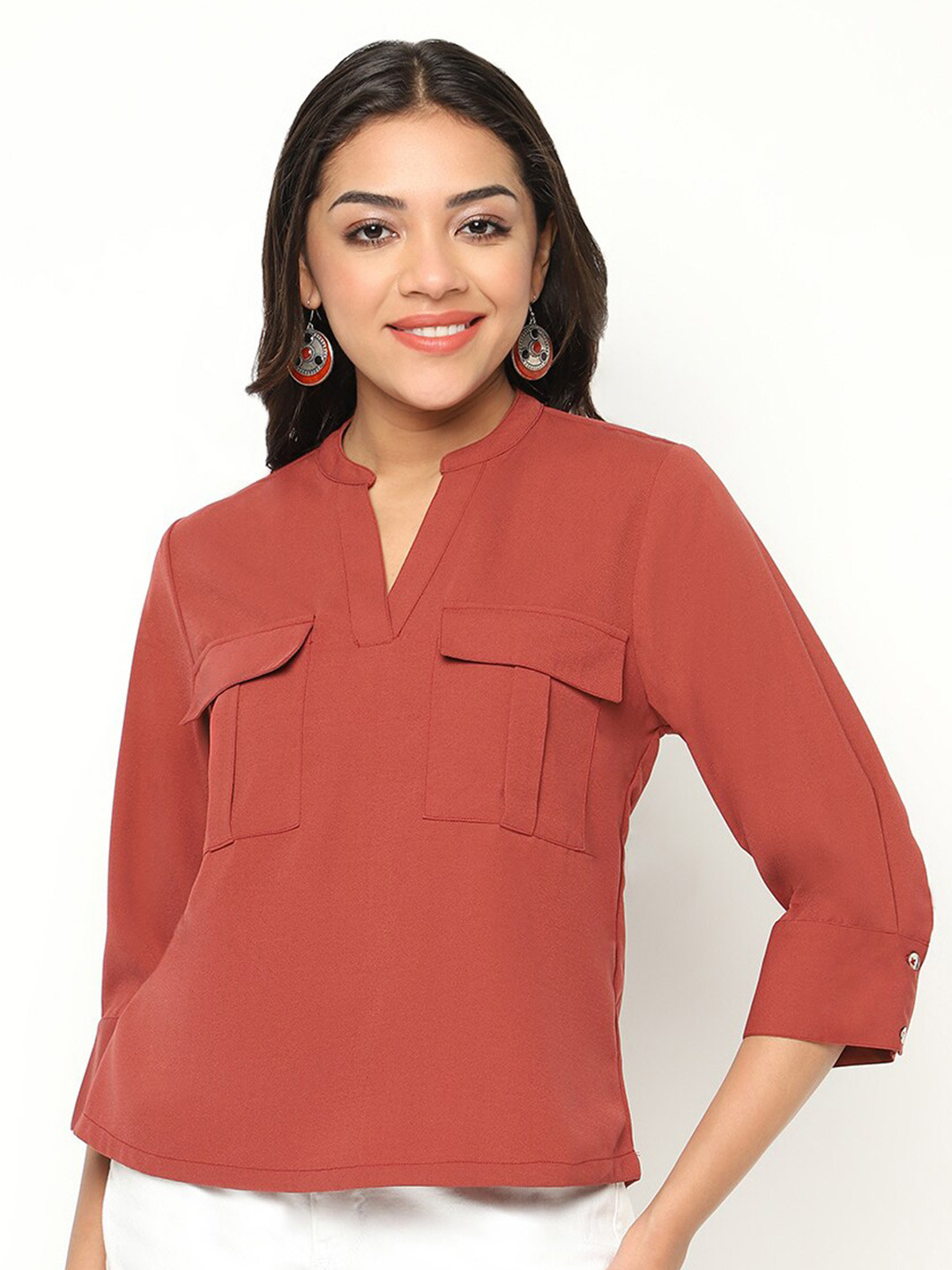 HOUSE OF S Red Mandarin Collar Top