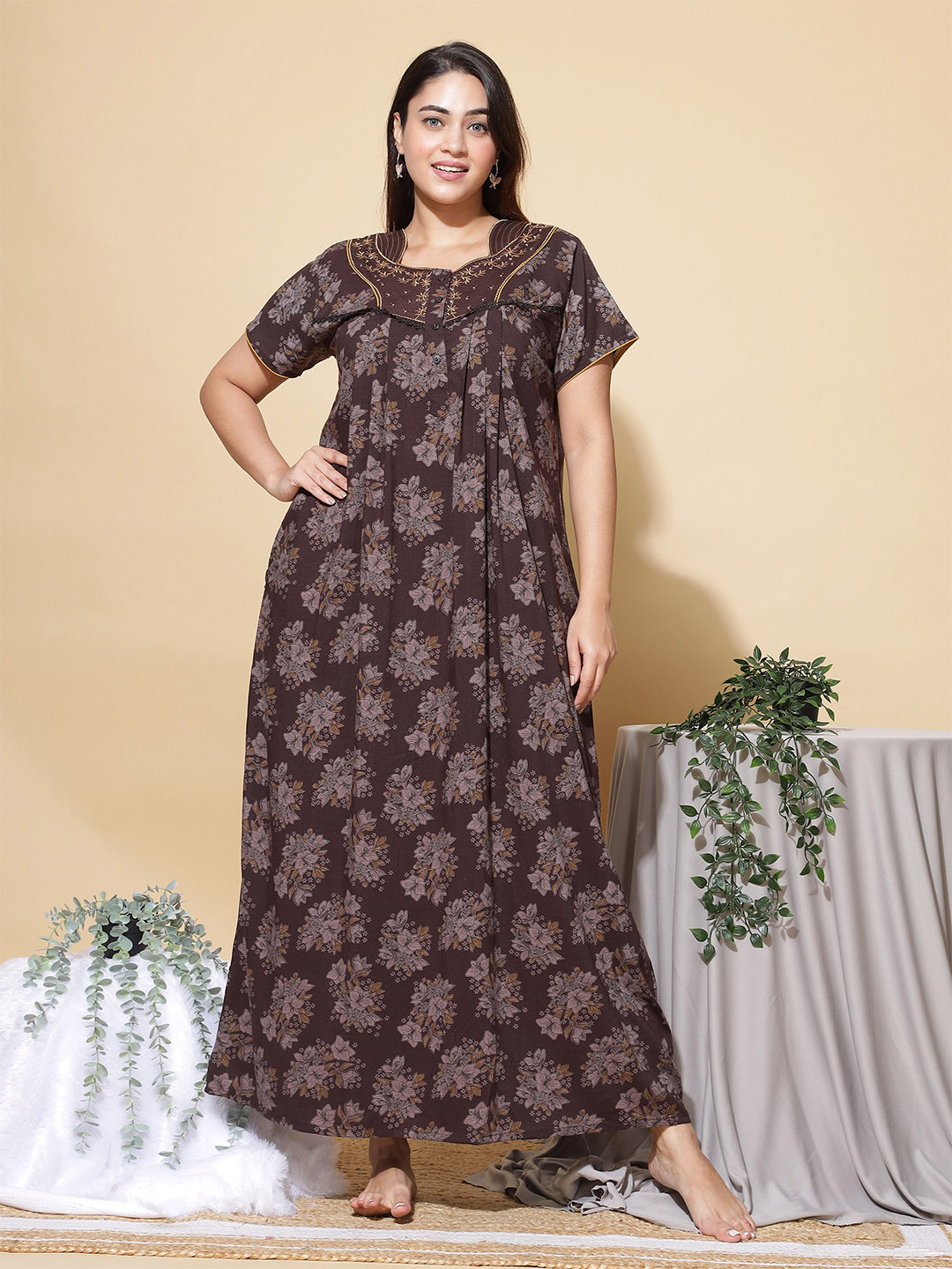 9shines Label Brown Embroidered Crush cotton Pleated Maxi Nightdress