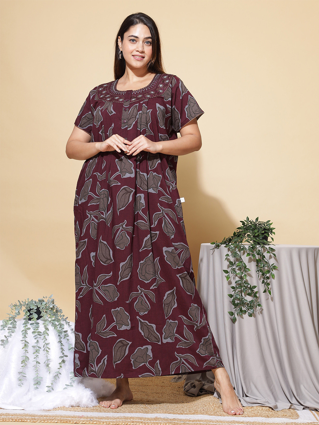 9shines Label Wine Crush Cotton Floral Printed Maxi Everyday Nightdress