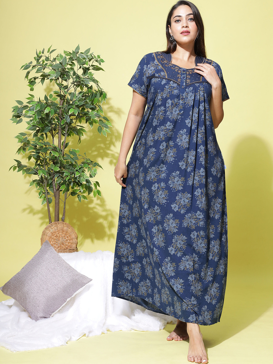 9shines Label Indian Blue Crush Cotton Pleated Neck Maxi Everyday Nightdress