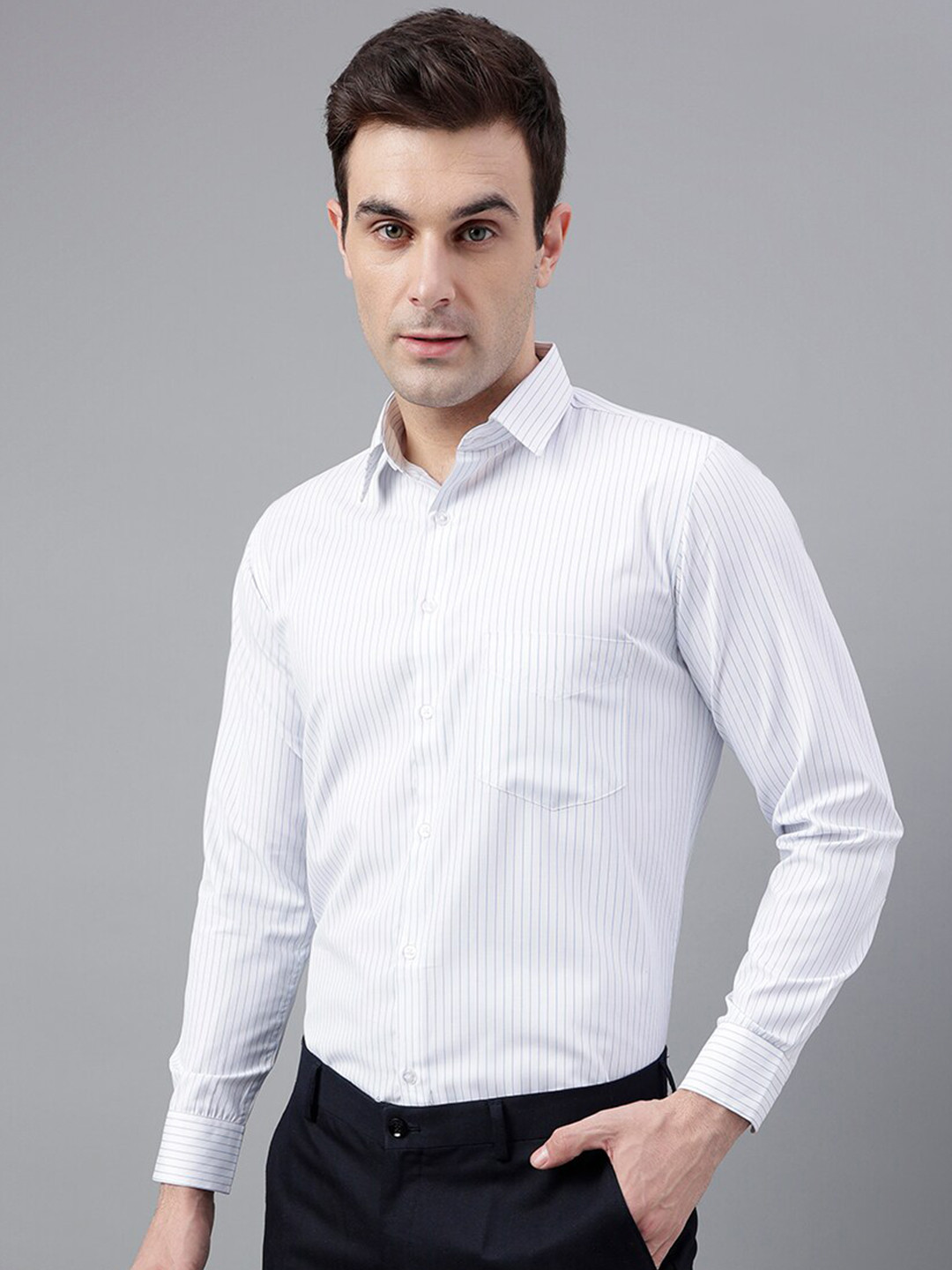 English Navy Striped Smart Slim Fit Formal Shirt