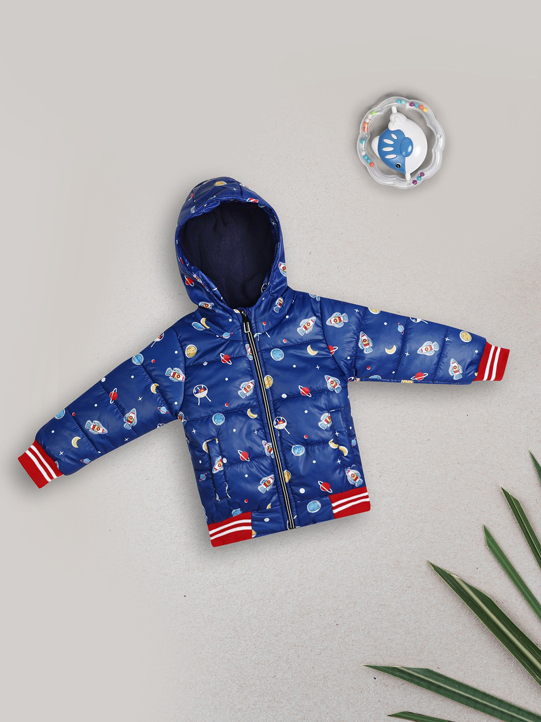 V-Mart Infant Girls Blue Printed Hooded Cotton Crop Puffer Jacket