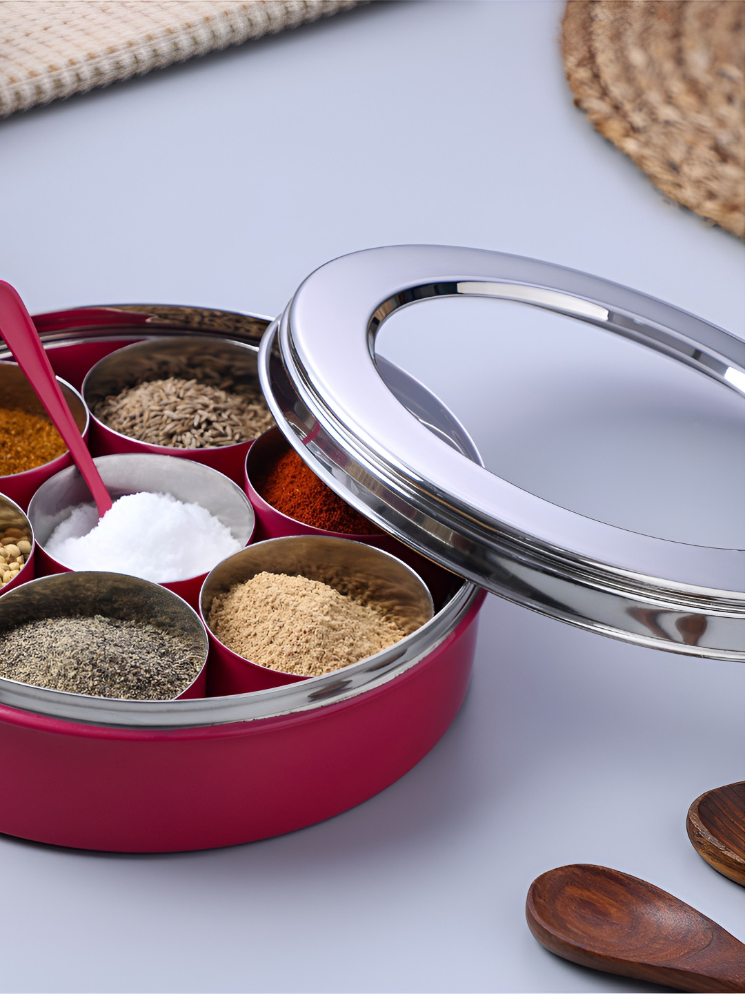 dudki Pink Stainless Steel 7 Container Spice Box with Lid