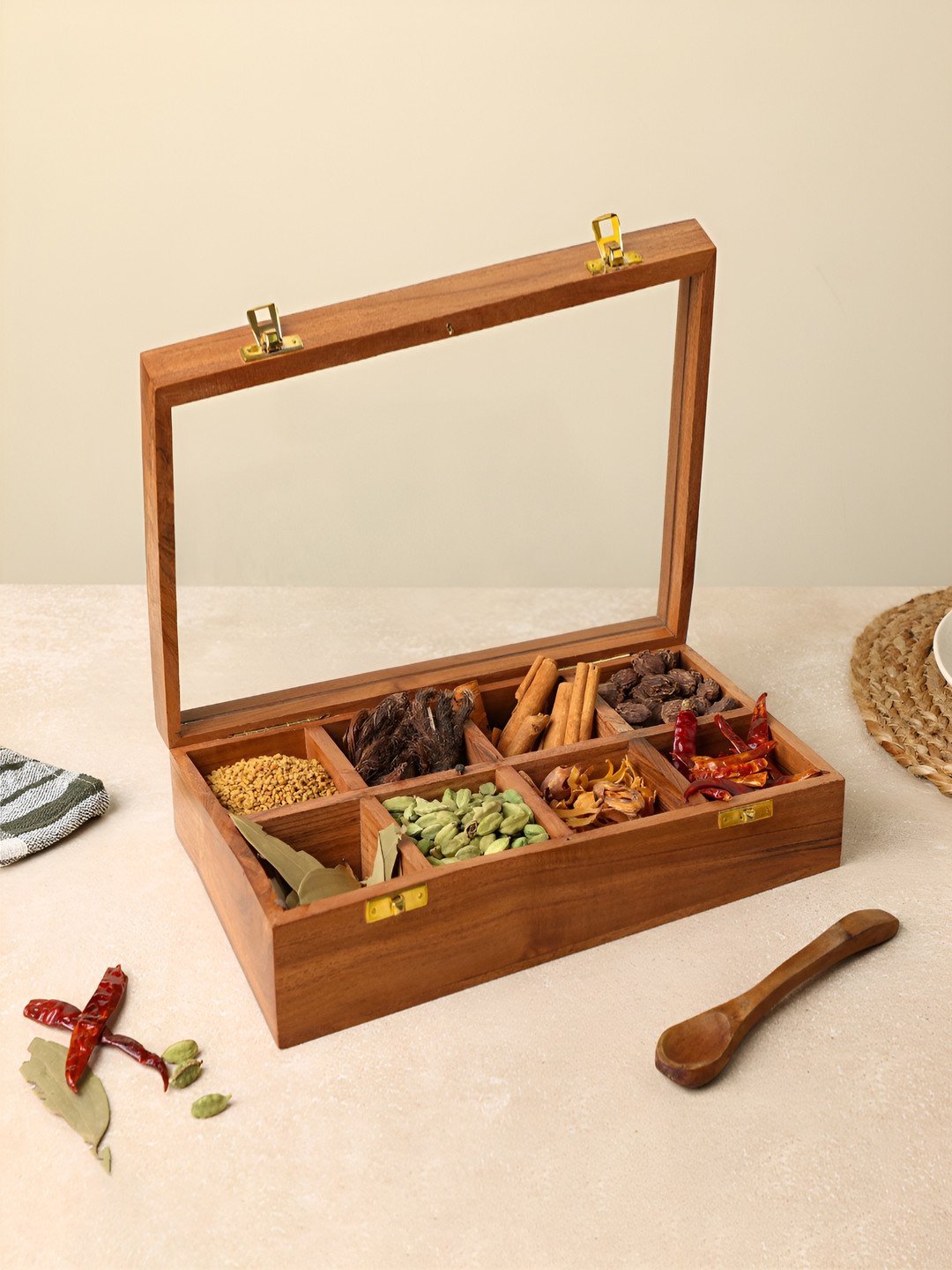 dudki Brown Wooden Spice Box with 8 Compartment