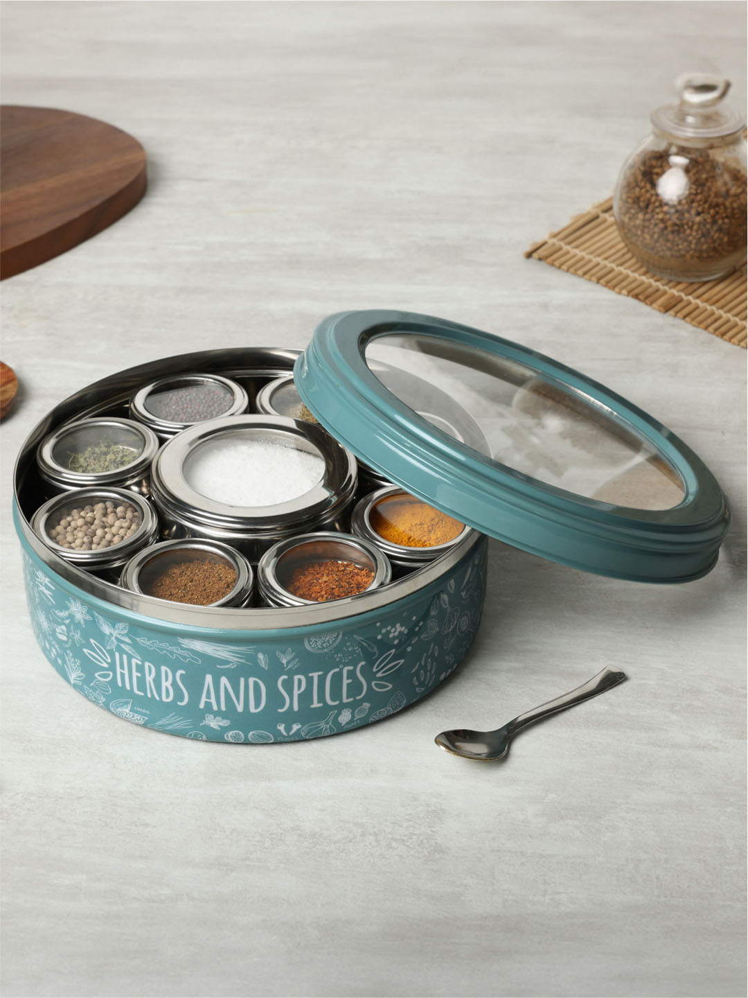 dudki Green Stainless Steel 9 Container Spice Box with Lid & Spoon