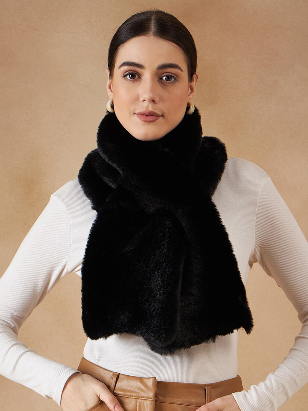 InWeave Black Self Design Acrylic Faux Fur Scarf