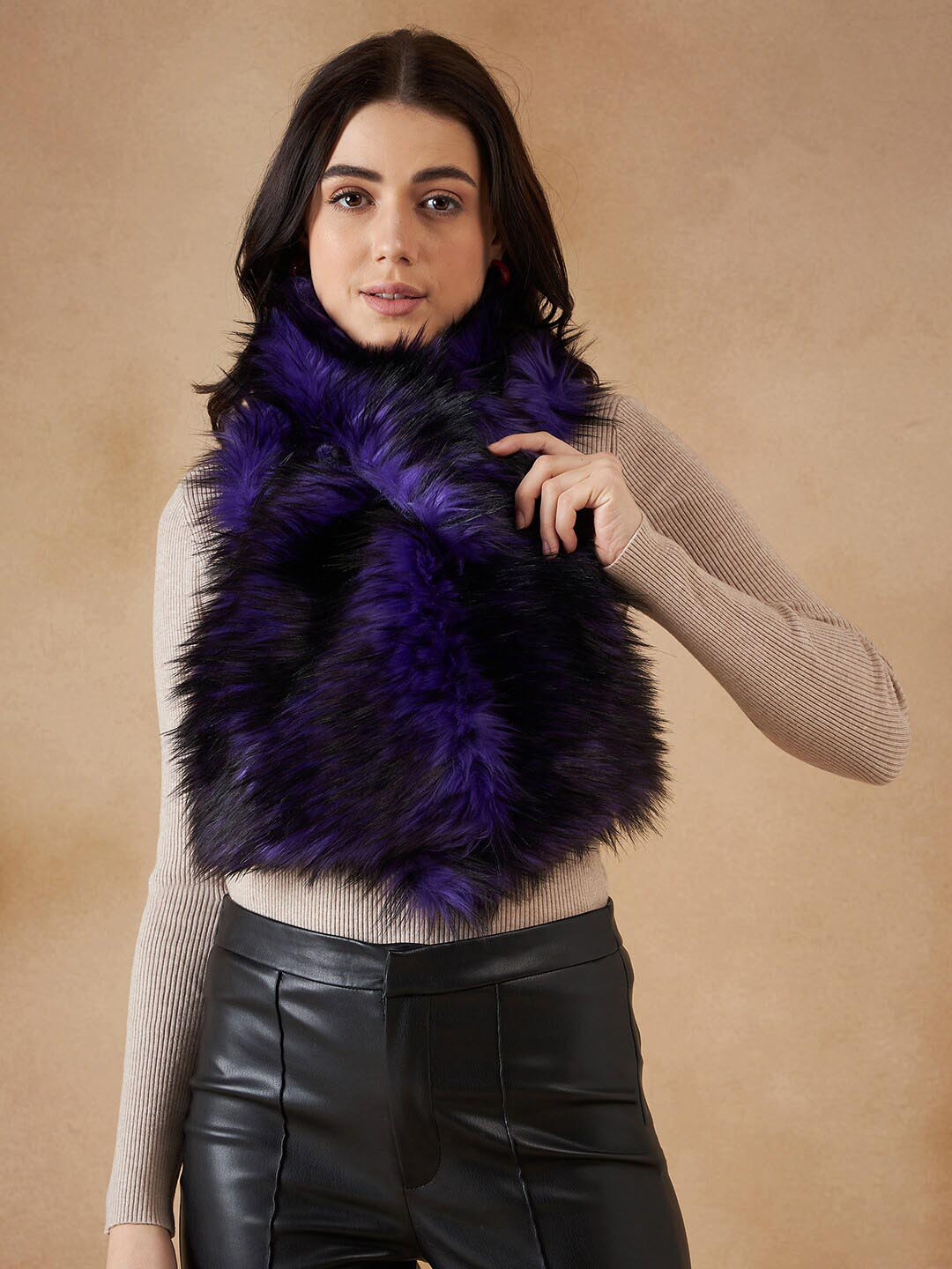 InWeave Black & Purple Self Design Acrylic Faux Fur Scarf