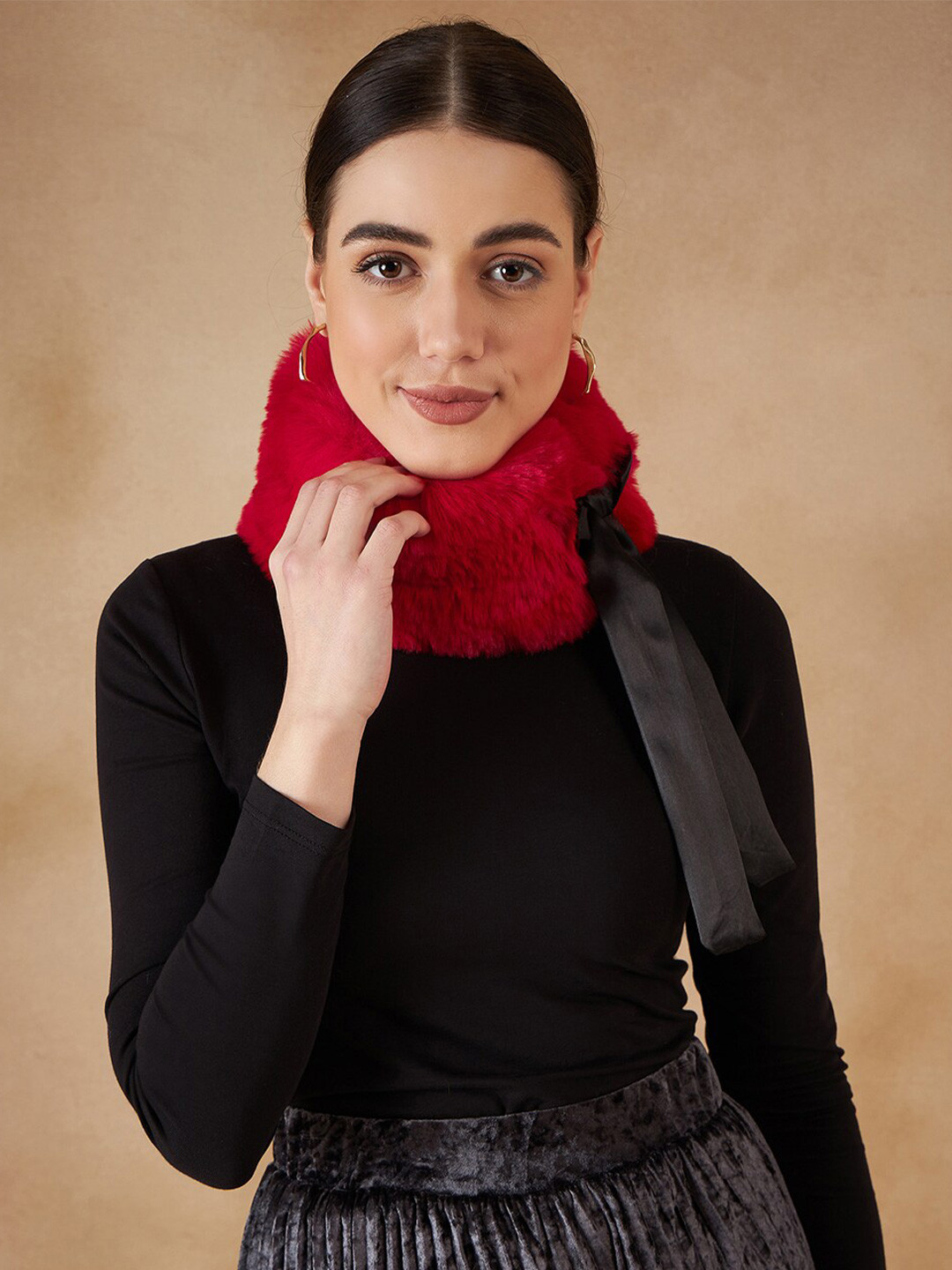 InWeave Red Self Design Acrylic Faux Fur Scarf