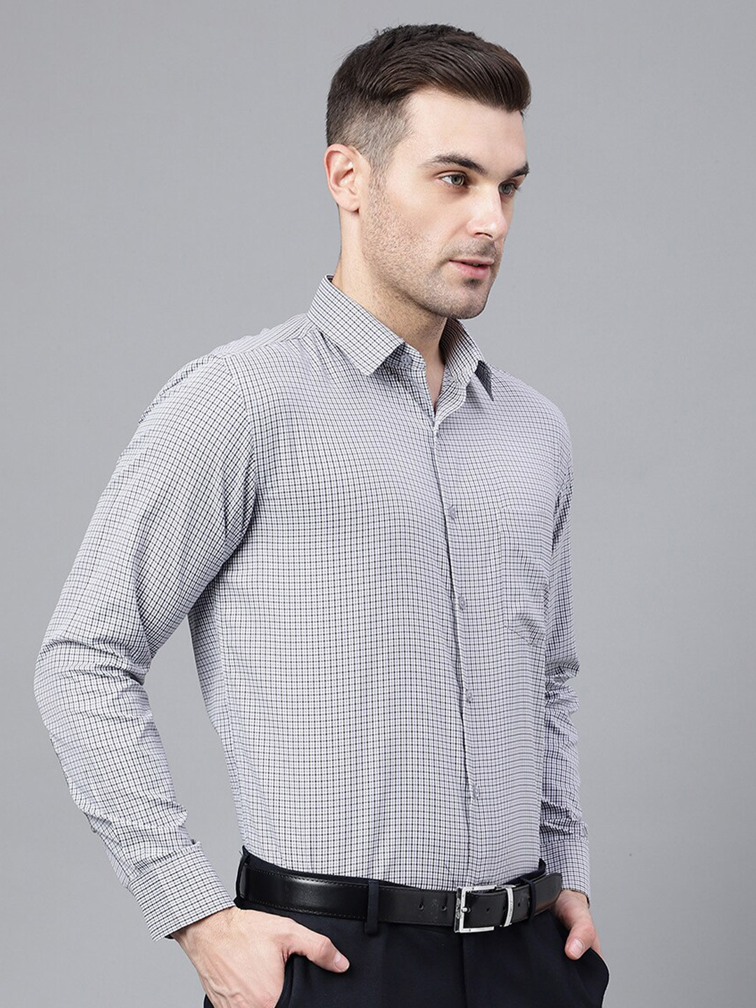 English Navy Checked Slim Fit Formal Shirt