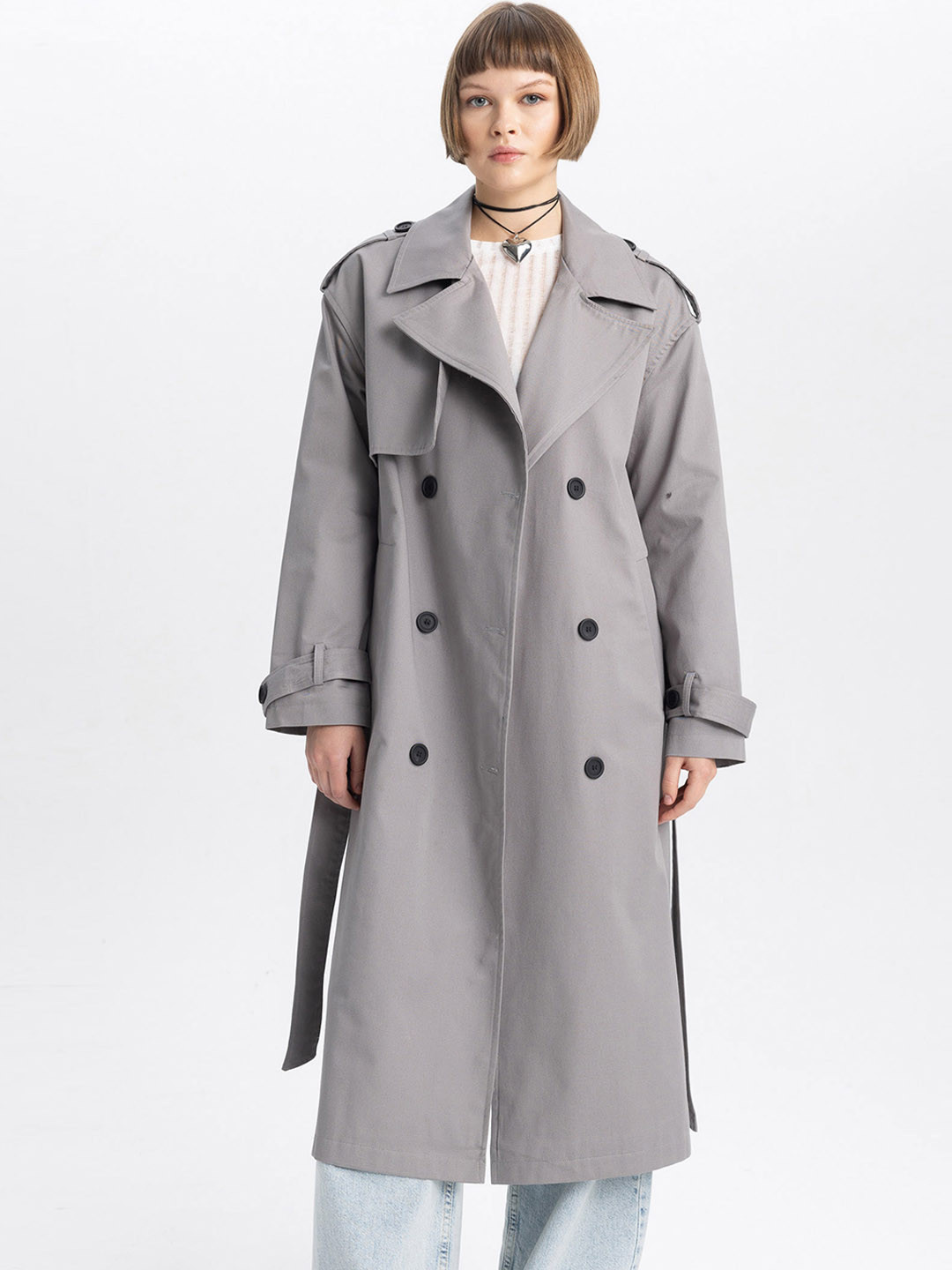 DeFacto Notched Lapel Long Sleeve Cotton Trench Coat
