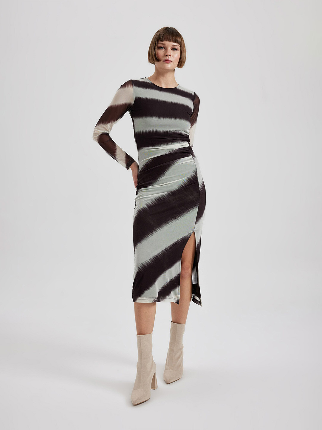 DeFacto Striped Boat Neck Sheath Midi Dress