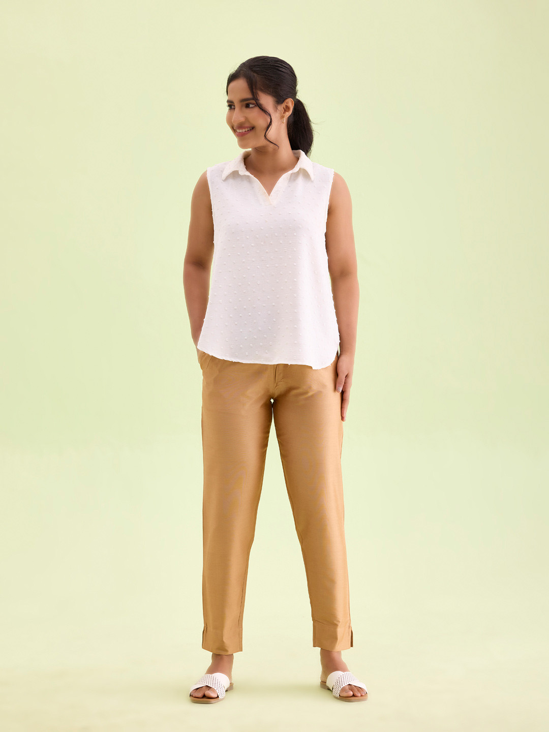 Go Colors Women Gold-Toned Tailored Tapered Fit Modal Cigerette Trousers