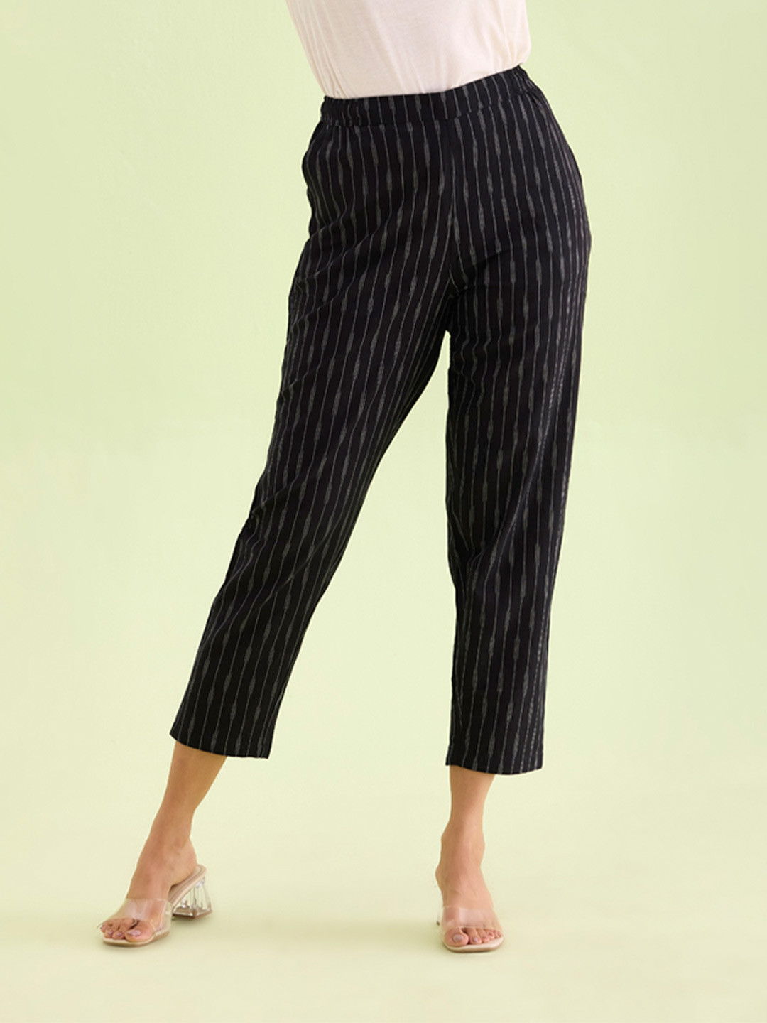 Go Colors Women Striped Linen Comfort Trousers
