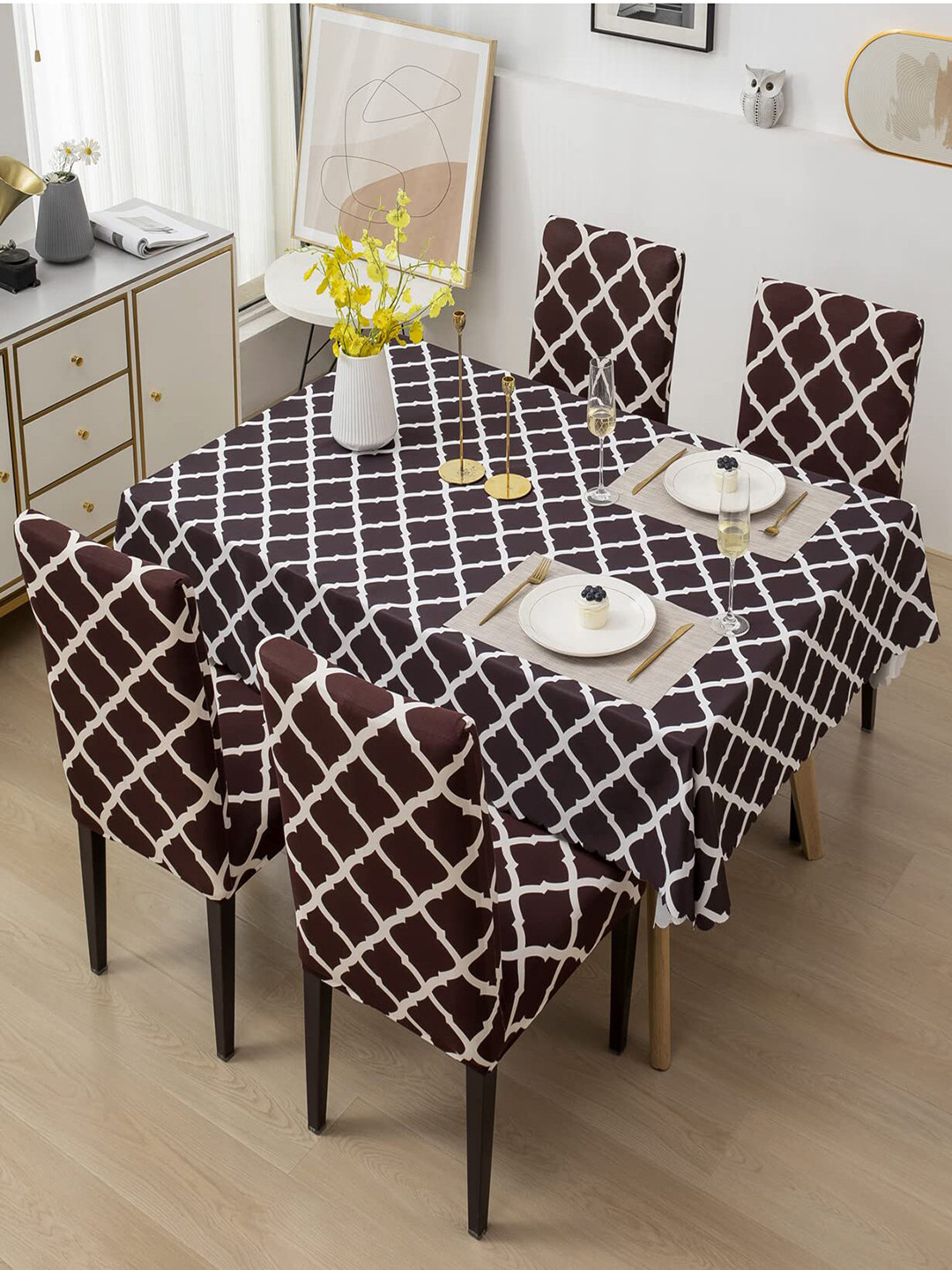 HOUSE OF QUIRK Brown & White 5 Pieces Geometric Printed Table Cover With Chair Covers