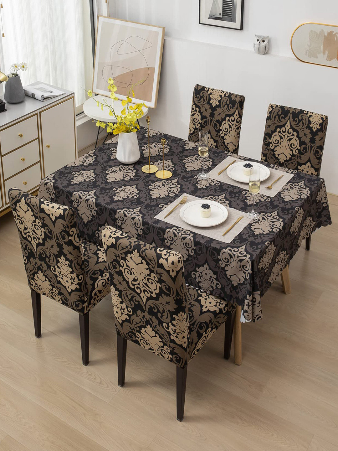 HOUSE OF QUIRK Black Floral Waterproof 4-Seater Table Covers With Chair Covers