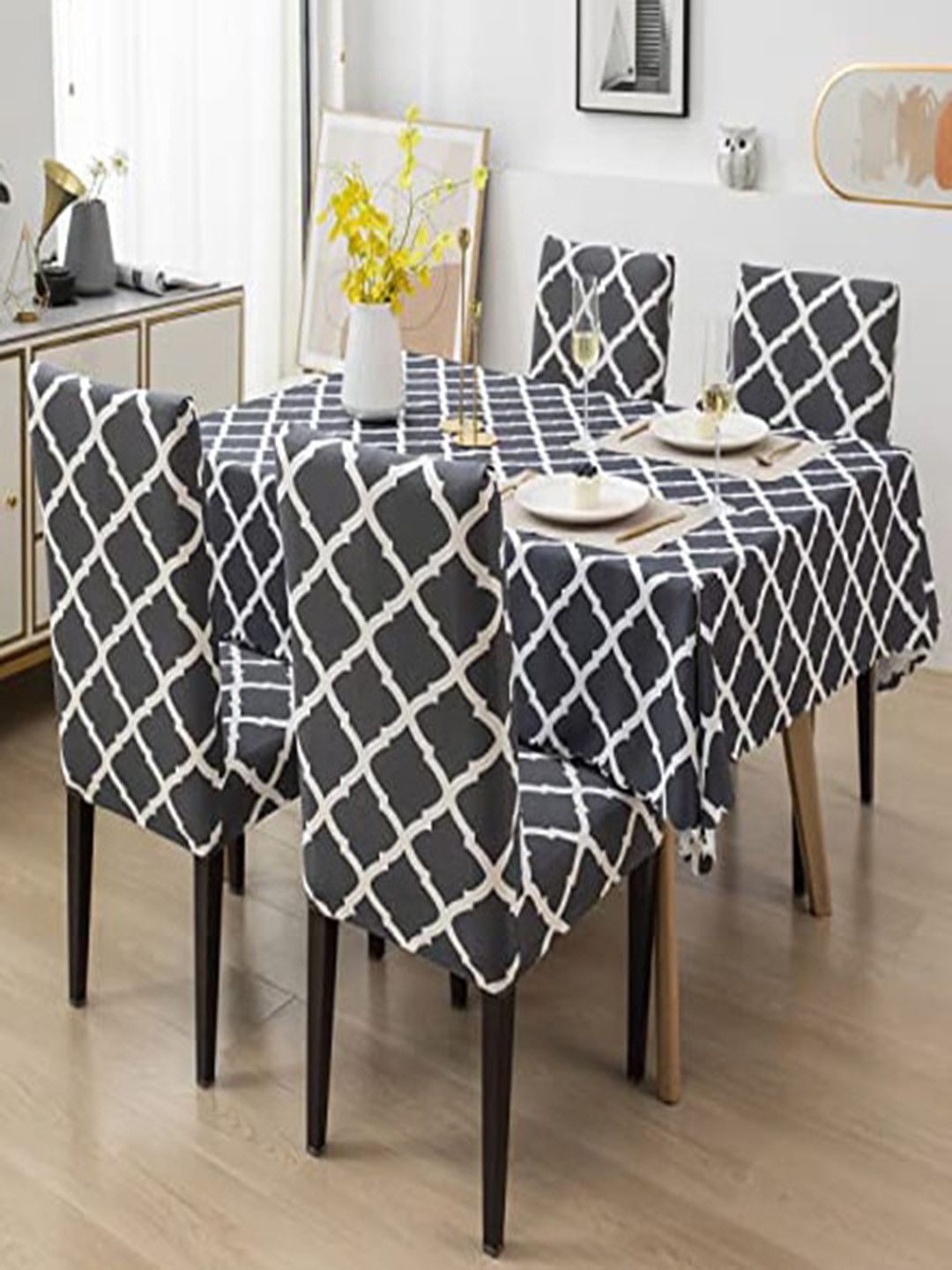 HOUSE OF QUIRK Grey & White Geometric Table Cover with 4 Chair Covers