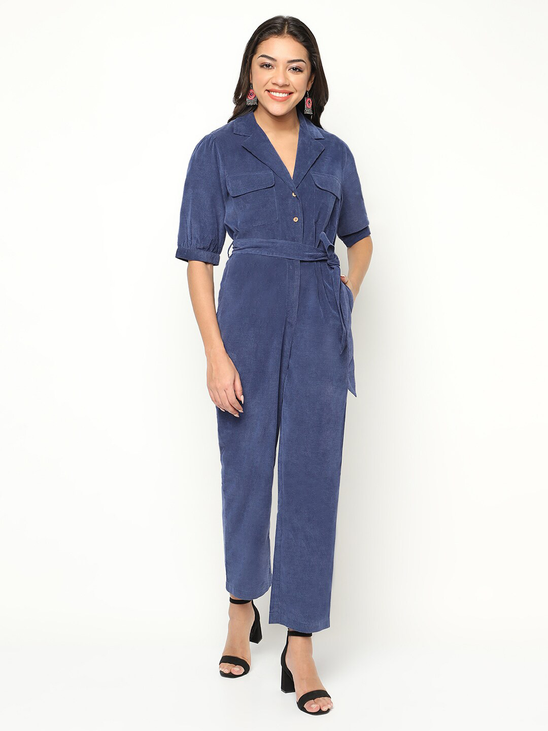 HOUSE OF S Shirt Collar Waist Tie-Ups Cotton Basic Jumpsuit