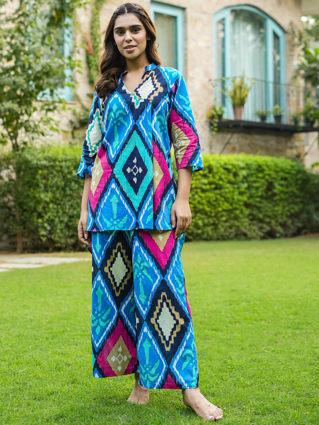 JISORA Blue Geometric Printed Pure Cotton Kurti With Lounge Pant