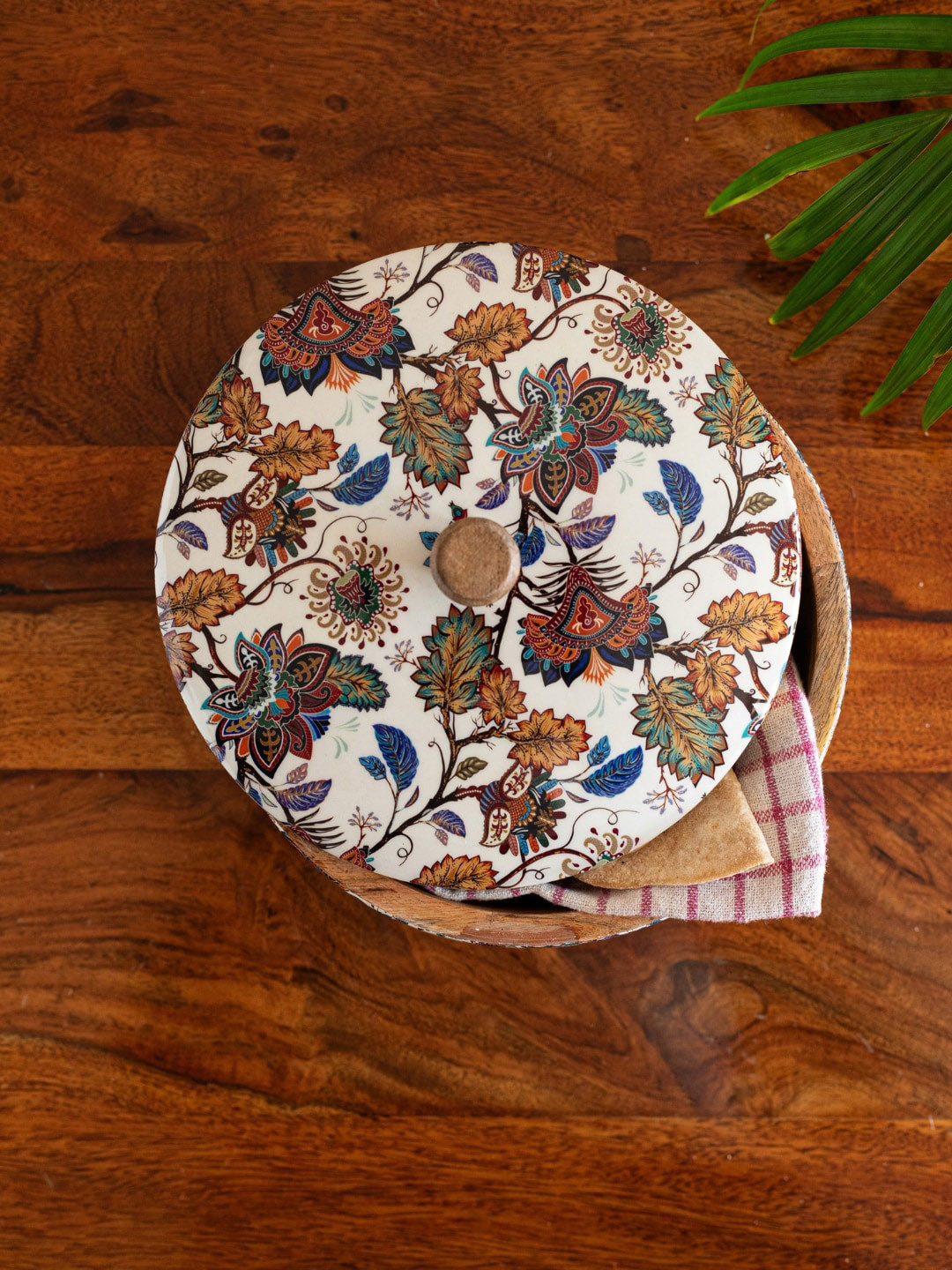 ExclusiveLane Floral Chronicles White Floral Printed Mango Wood Chapati Box With Lid 1.14L