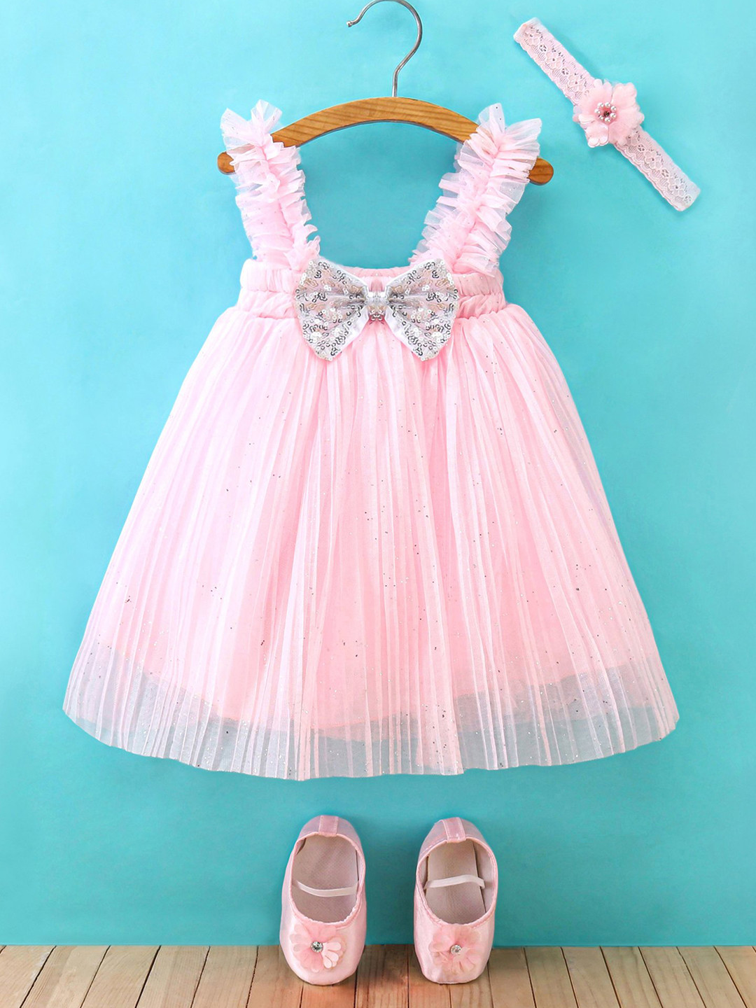 Enfance Infant Girls Embellished Bow Detailed Net Fit and Flare Dress