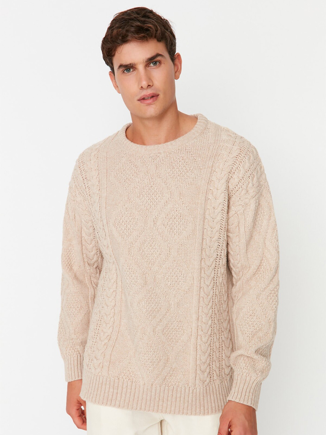 Trendyol Unisex Cable Knit Pullover Self Design Round Neck Sweater